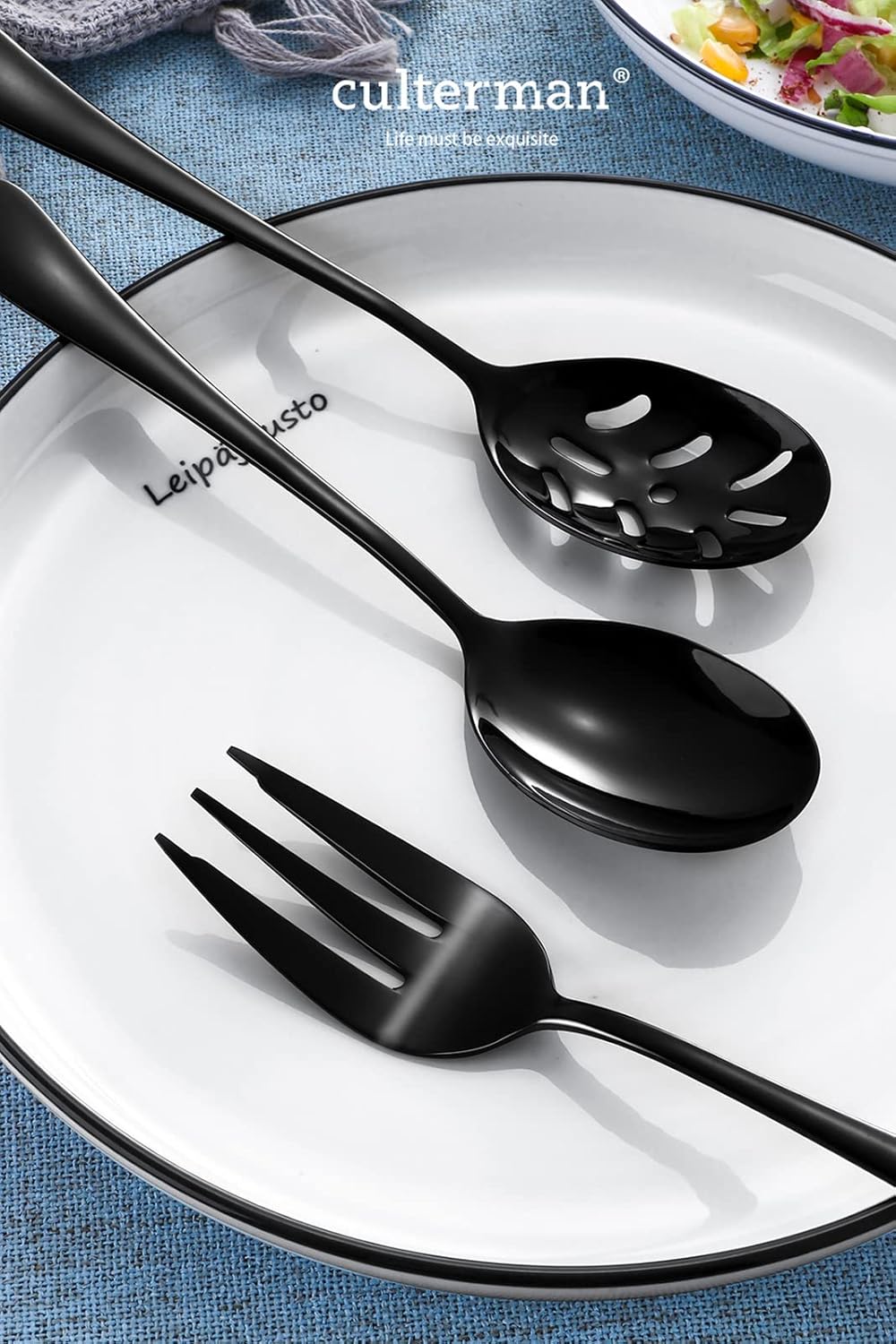 Black Serving utensils set. Stainless Steel Hostess Flatware Sets 7-Piece Includes Silverware Large Salad Spoons,Forks,knifes.Dishwasher Safe.