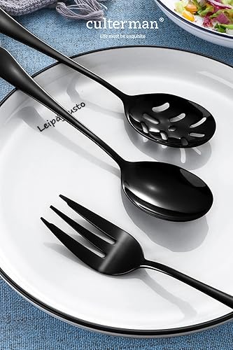 Miniatura 5 de Juego de utensilios negros para servir. Juego de cubiertos de acero inoxidable para anfitriona, 7 piezas, incluye cubiertos grandes cucharas de