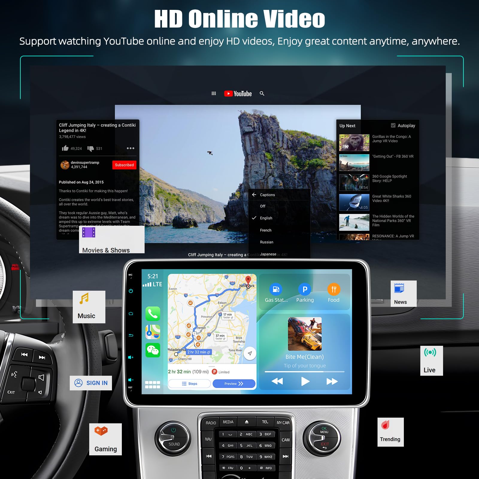 CAMECHO [CARPALY] 1 DIN YouTube Autoradio da 10'' con Schermo Rimovibile e Regolabile, WIRELESS Car Play MP5 per auto con Android Auto Bluetooth FM/RDS EQ Mirror Link +Telecamera