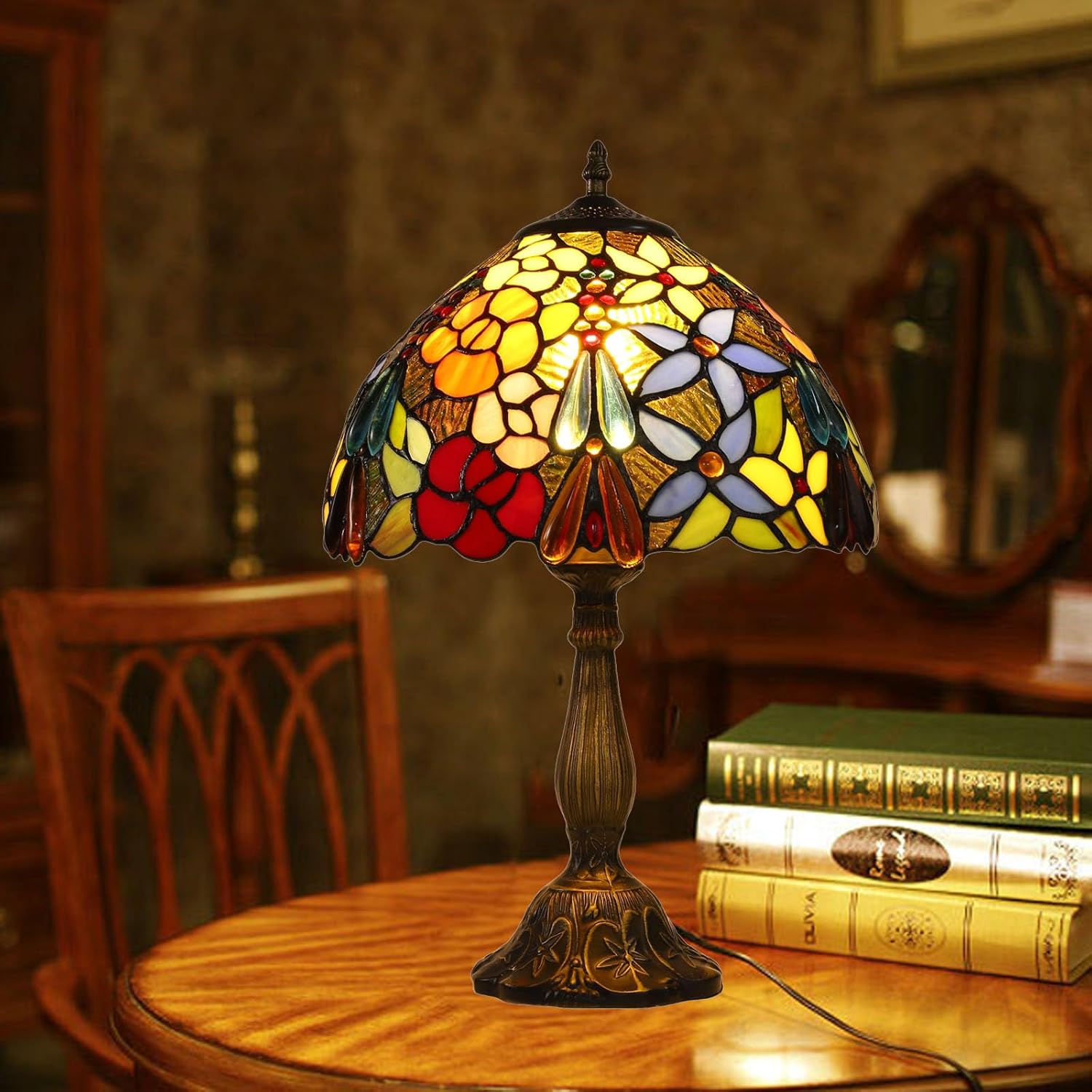 Tiffany Tall Table Lamps Bedside Nightstand Rose Flower Beads Stained Glass Table Lamp for Bedroom,Living Room,Dining Room Restaurant Hotel Desk Reading Light+LED Bulb,12X12X18 INCH