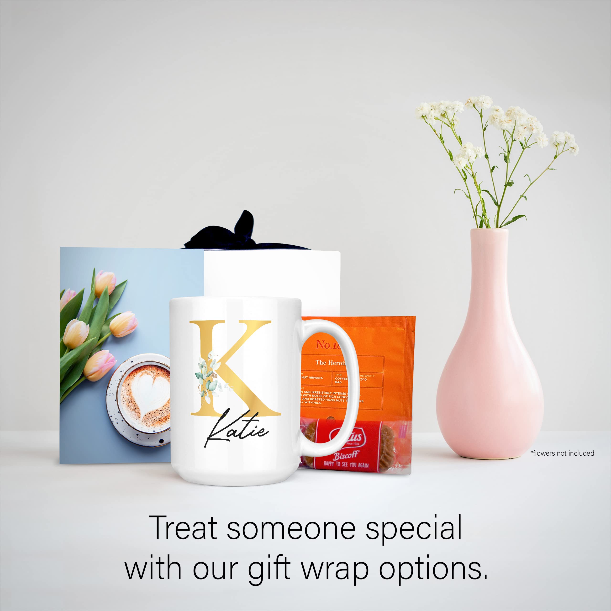 Personalised Letter K Floral Mug - Custom Name Gift, 11oz Ceramic, Gold Print, Dishwasher Safe