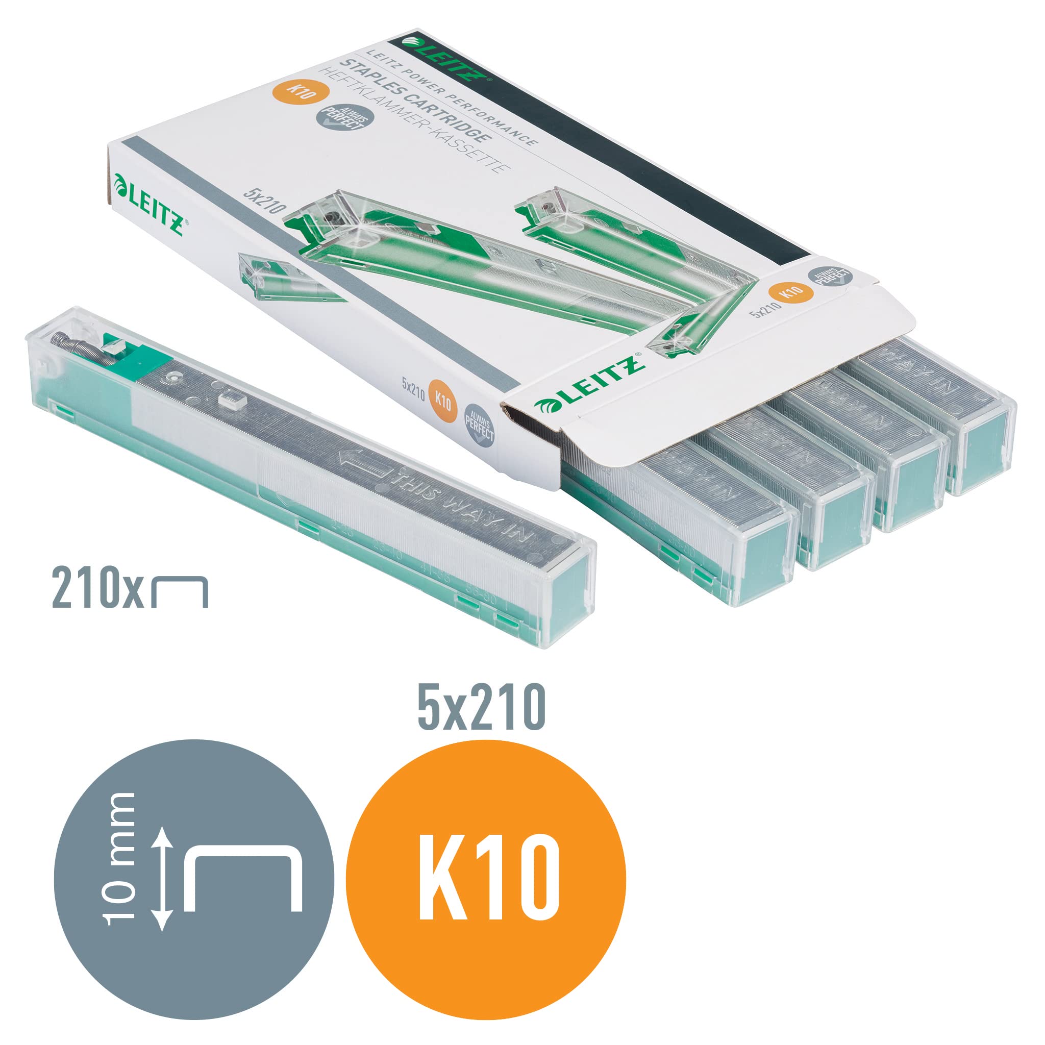 Leitz Power Performance Cassettes d'Agrafes Heavy Duty K10, Galvanisé, Boîte de 5 Cassettes, 5 x 210 Agrafes, 55930000