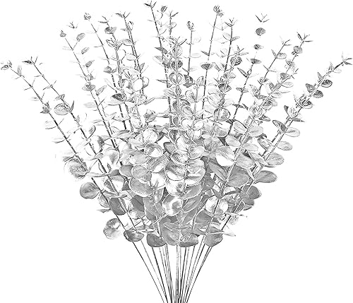 Miniatura 4 de ABAJI 12 tallos blancos de eucalipto de plástico, 12 decoraciones falsas, hojas artificiales, hojas verdes, hojas de plantas, hogar, oficina, casa,