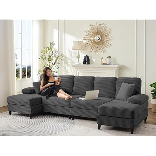 Mjkone 112" Width Sectional Couches for Living Room, U Shaped Sofa Couch with Double Chaises, Corduroy 4 Seater Sofa Set Living Room Furniture Sets with 2 Extra Pillows, Dark Grey