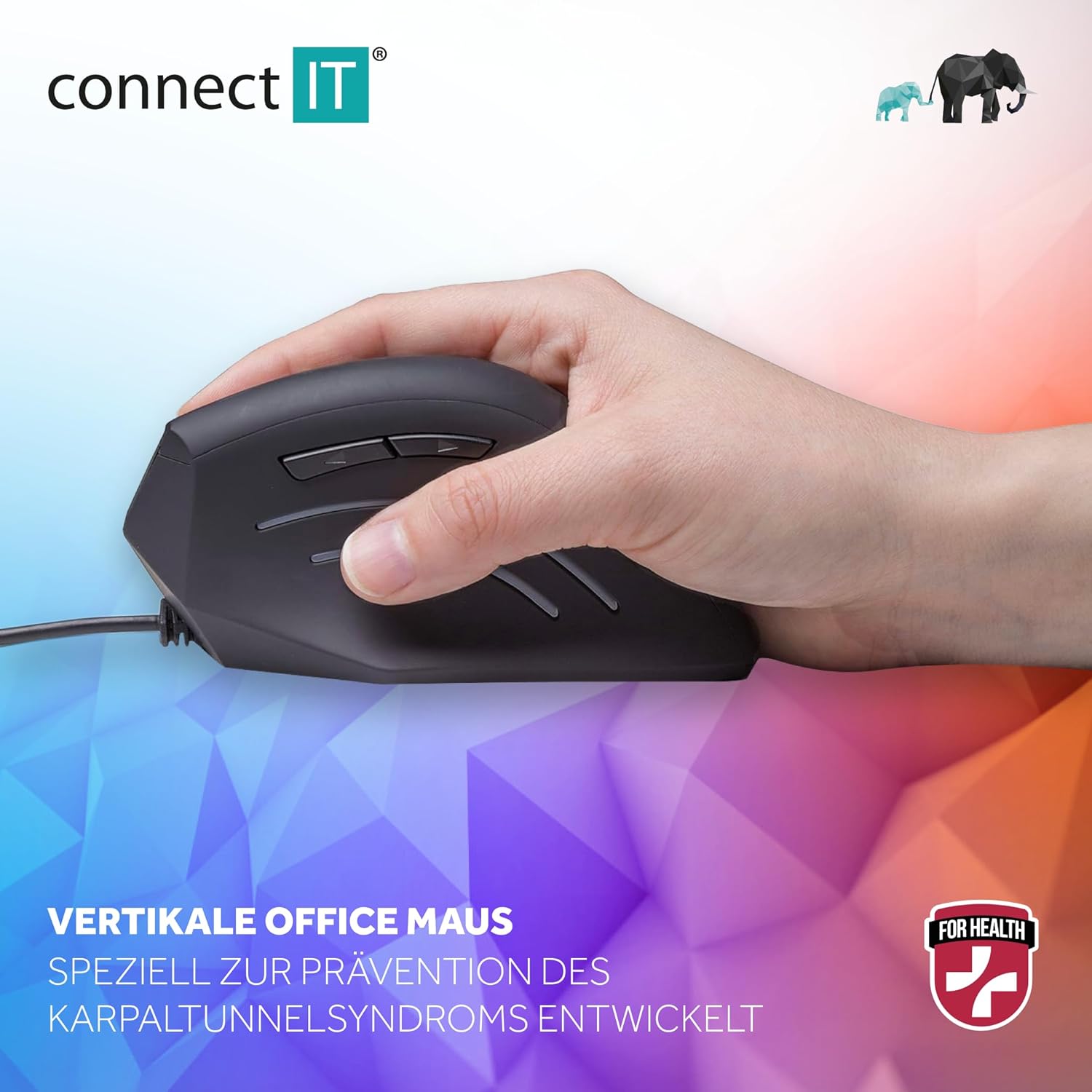 CONNECT IT Wired Ergonomic Mouse DPI 1600, 6 Buttons, Prevention of Mouse Arm/Tennis Elbow, Especially Gentle on The Arms, PC Office Mouse, Ergonomic, Black