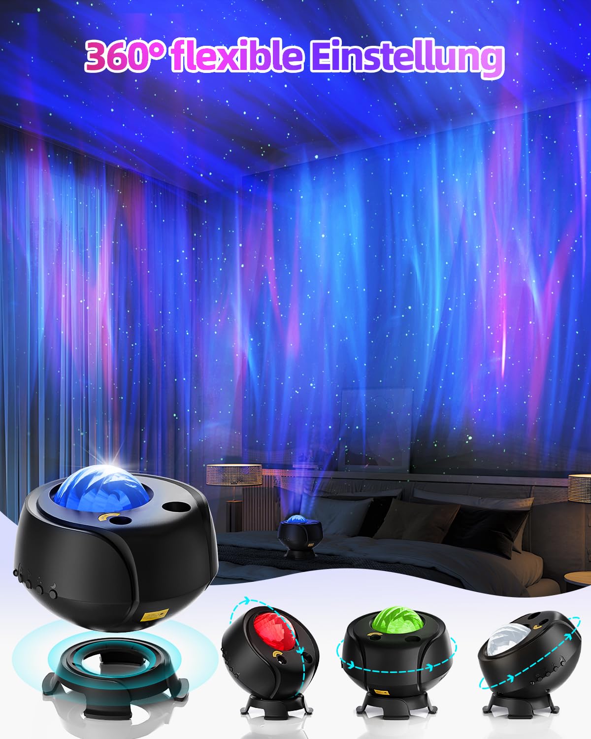 Der größte Abdeckungsbereich Sternenhimmel Projektor,Led Polarlicht Lampe mit 15 Kombinationen,60 Lichteffekte,Ferngesteuertes Nachtlicht mit Bluetooth-Lautsprecher,Timer