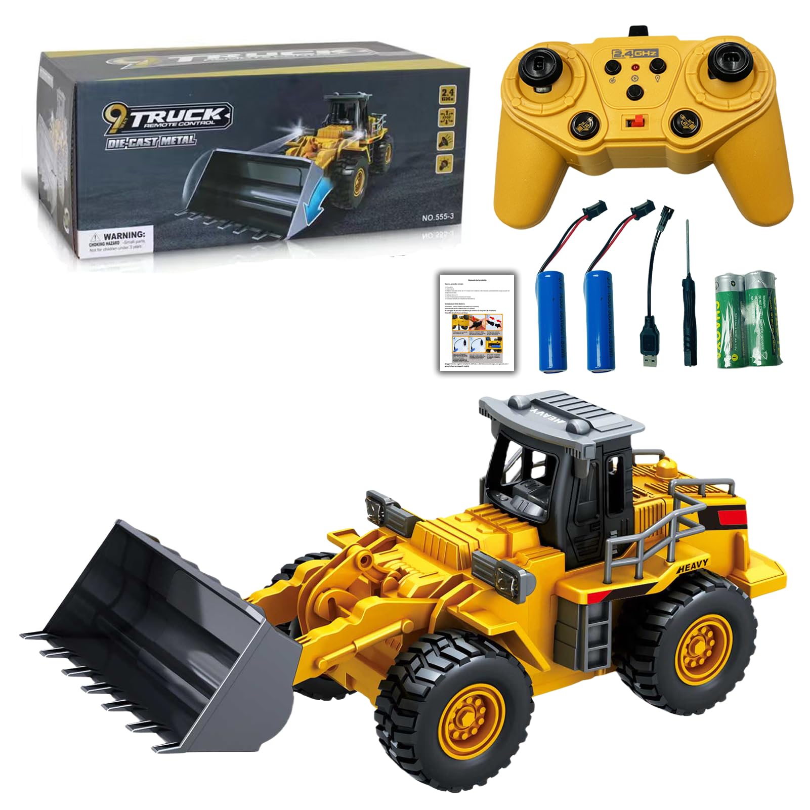 9 Canal 1:16 cuatro ruedas Bulldozer teledirigido juguete, con luces y sonido, pala de metal, mando a distancia inalámbrico, cargador frontal con mando a distancia, para regalos para niños