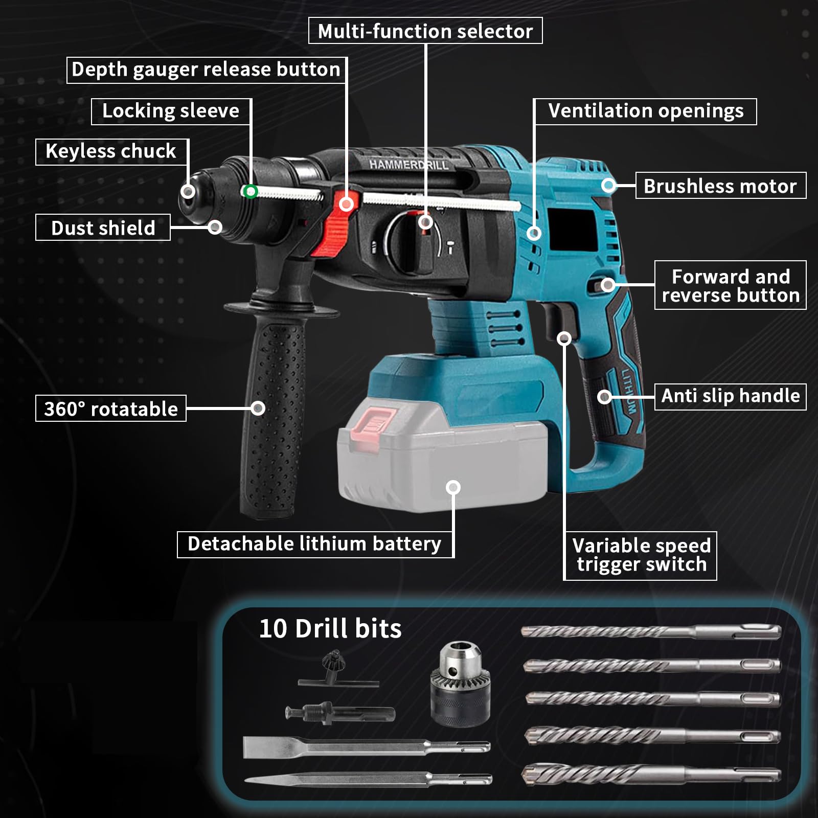 Professional 18V System Akku Bohrhammer,Kompatibel mit Makita Akku 18V mit 10 Stück Bohrer, Anti-Vibrationsgriff und Sicherheitskupplung (ohne Akkus und Ladegerät)