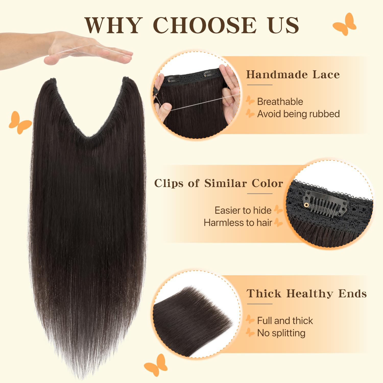 TESS Halo & Clip in Hair Extension 100% Real Human Hair Wig One Piece Adjustable Invisible Transparent Wire with 2 Secure Clips for Women UK #1B Natural Black 18 inch 65g - Image 3