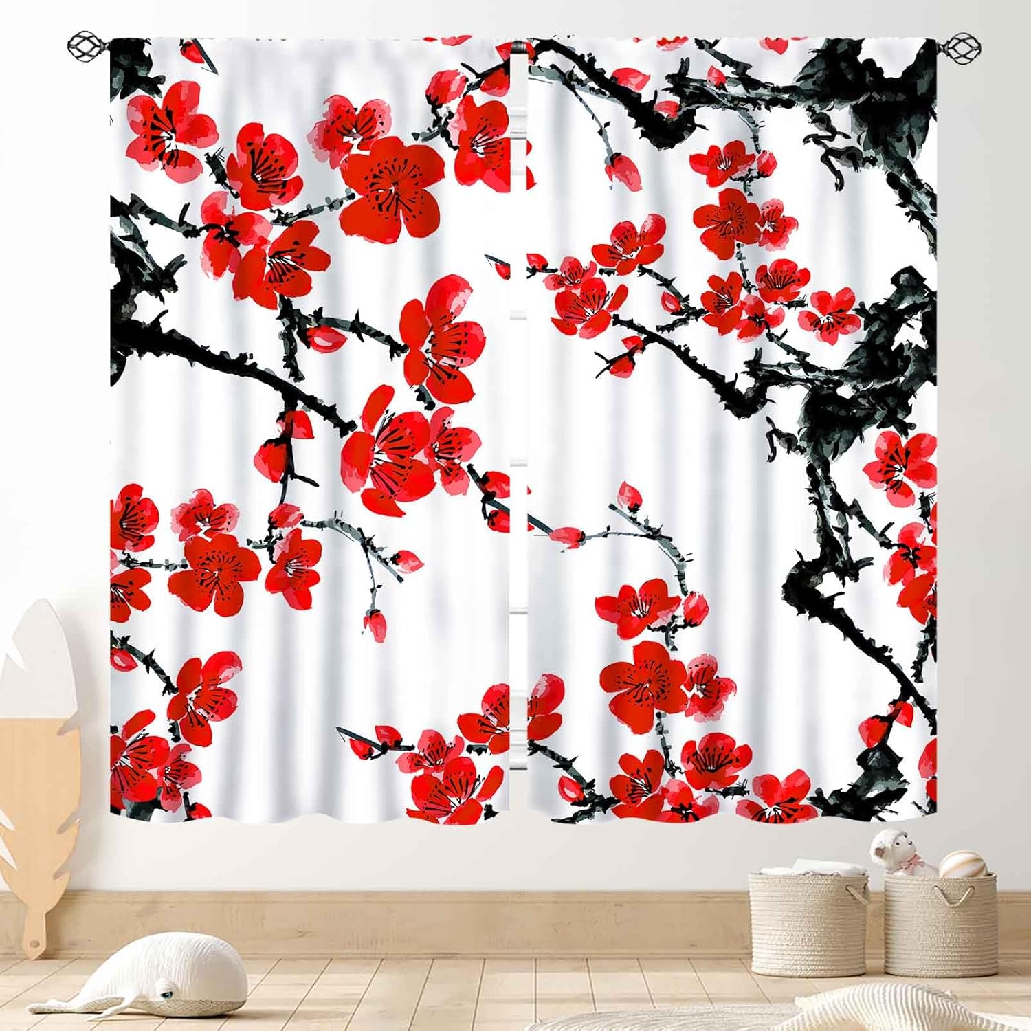 Asian Curtains for Bedroom, Traditional Ink Painting Nature Landscape Mountains Cherry Blossoms Floral Oriental Art Japanese Style Kitchen Living Room Bathroom Window Drapes Curtain Sets, 55"x63" Inch