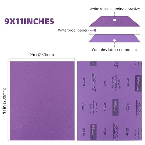 Miniatura 2 de Papel de lija de grano 120, 20 unidades, hojas de lijado en seco húmedo de 9 x 11 pulgadas, papel de arena abrasivo de alúmina púrpura para madera