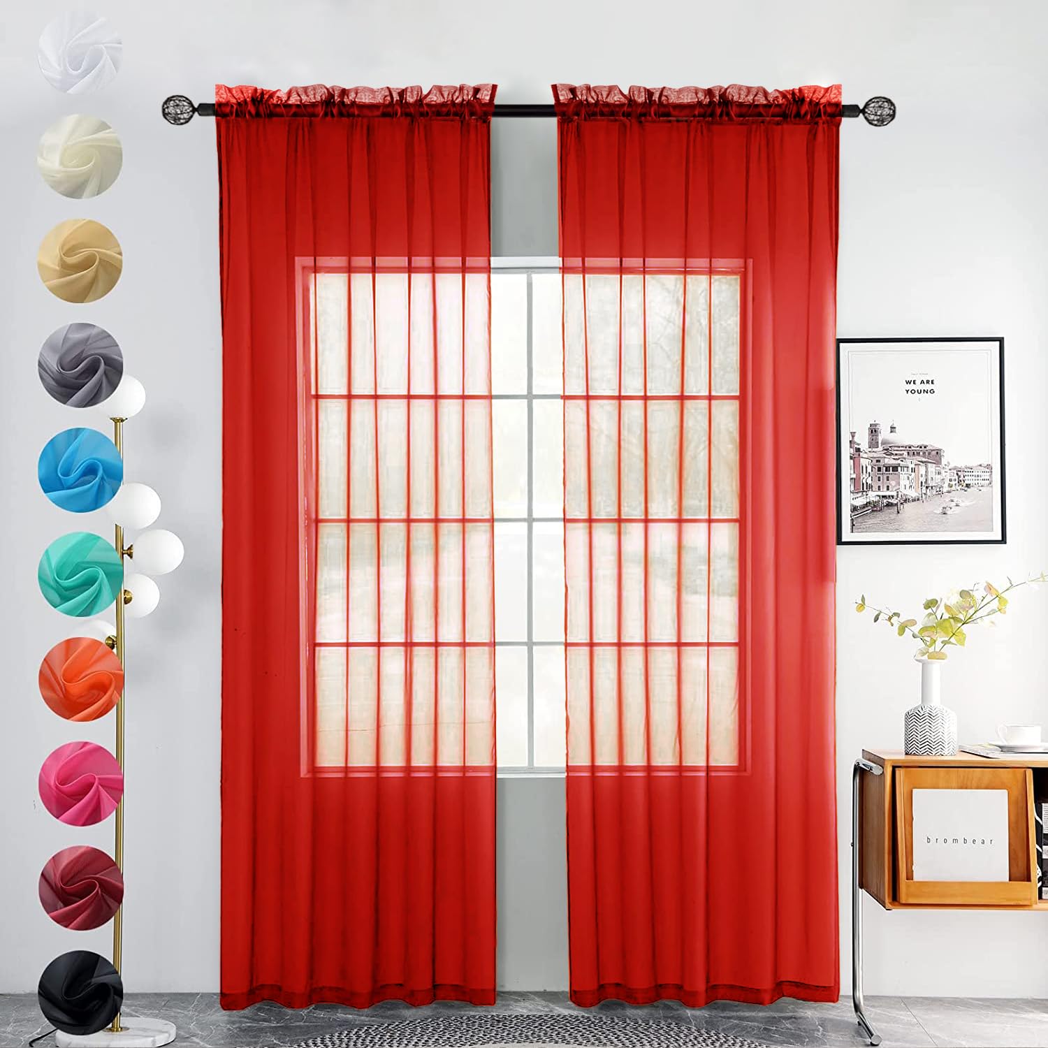DONREN 2 pannelli in voile a tinta unita, eleganti, con tasca per bastone, per camera da letto e soggiorno (133 x 160 cm