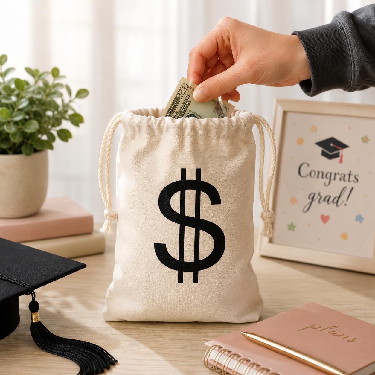 Beistle “$” Bags – 4 Pack, Fabric Money Bags with Drawstring, Classic Dollar Sign Prop Sacks for Costume Accessories, Parties, Western Events, Stage Productions & Photo Booth Displays, 8½” x 6½”