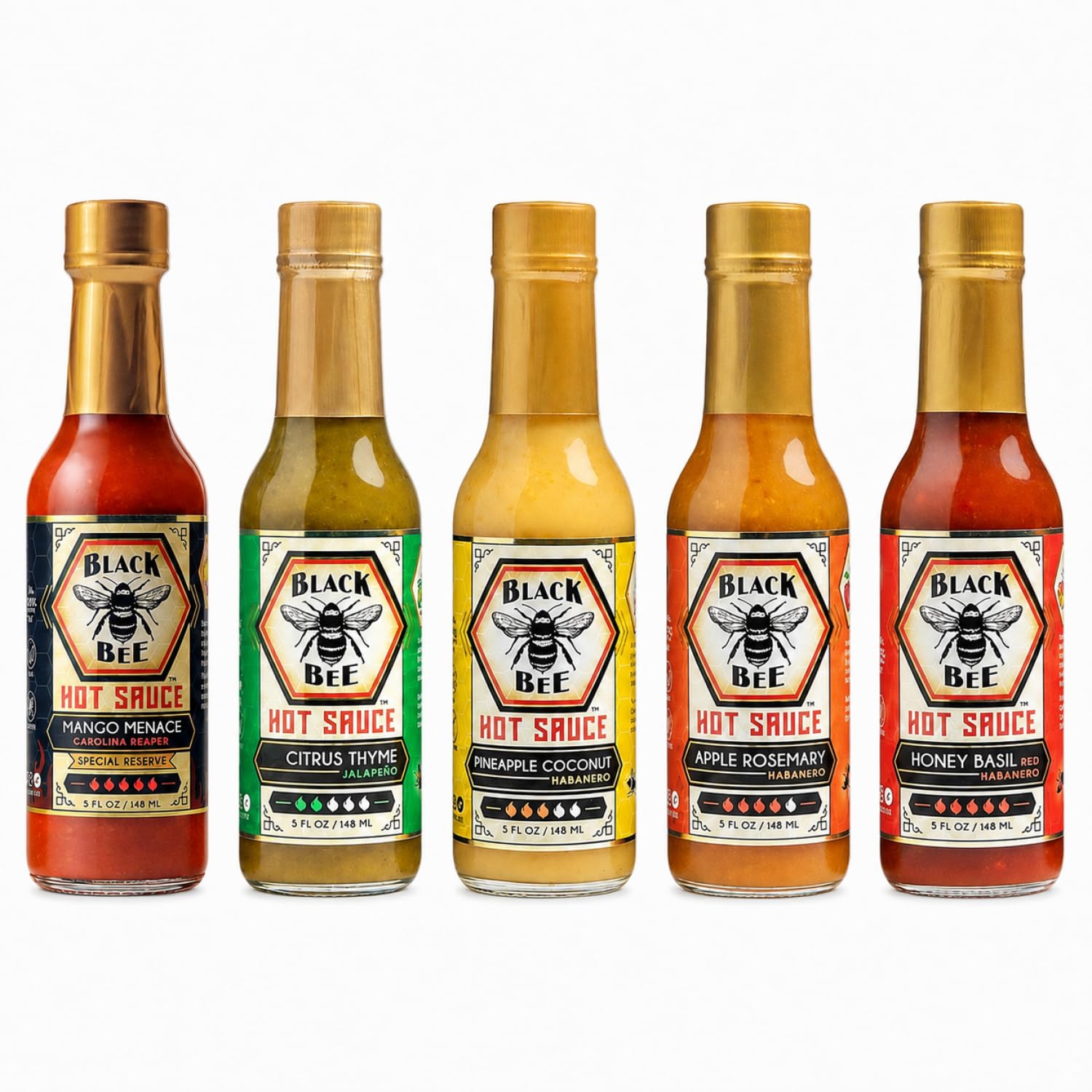 Black Bee Bee Hive Hot Sauce Gift Set (5 Pack) – Citrus Thyme Jalapeño, Pineapple Coconut & Habanero, Apple Rosemary & Habanero, Honey Basil & Red Pepper, & Mango Menace – Artisan Variety Pack, 5 fl oz Each