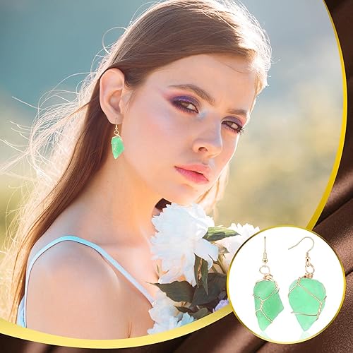 Vista 6 de Juego de 8 pares de aretes colgantes de cristal hechos a mano para mujer, aretes colgantes de amatista natural cruda
