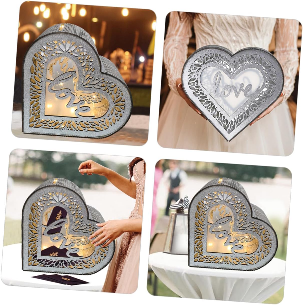 Heart-shaped Wood Card Box with Hollow Design and Glitter, Portable Wooden Greeting Card Holder for Wedding Reception, Anniversary, and Valentine’s Day Decoration