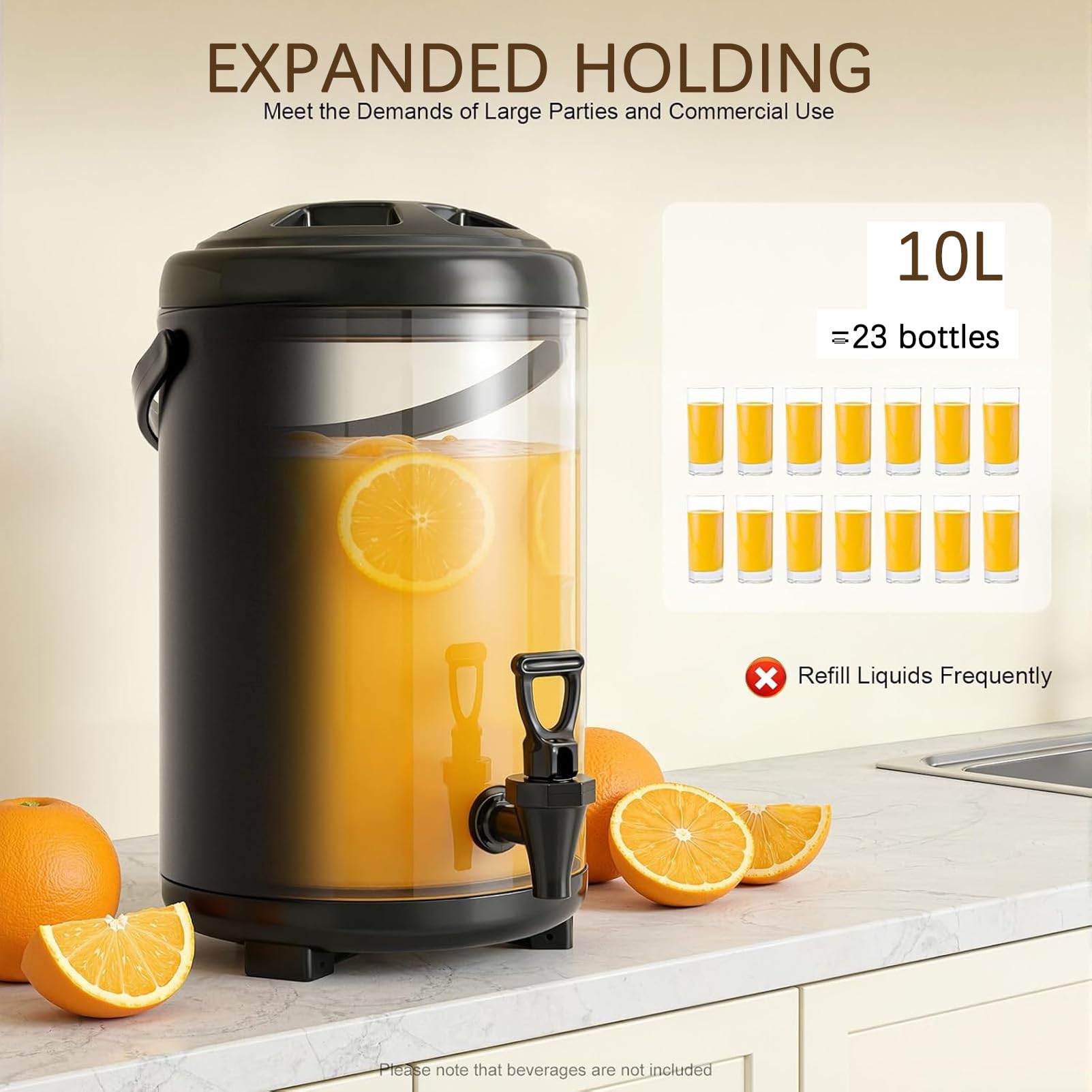 Dispensador de bebidas de acero inoxidable, doble pared de 10 litros para retención de calor y frío con grifo y asa, ideal para fiestas, camping, eventos al aire libre y bufés