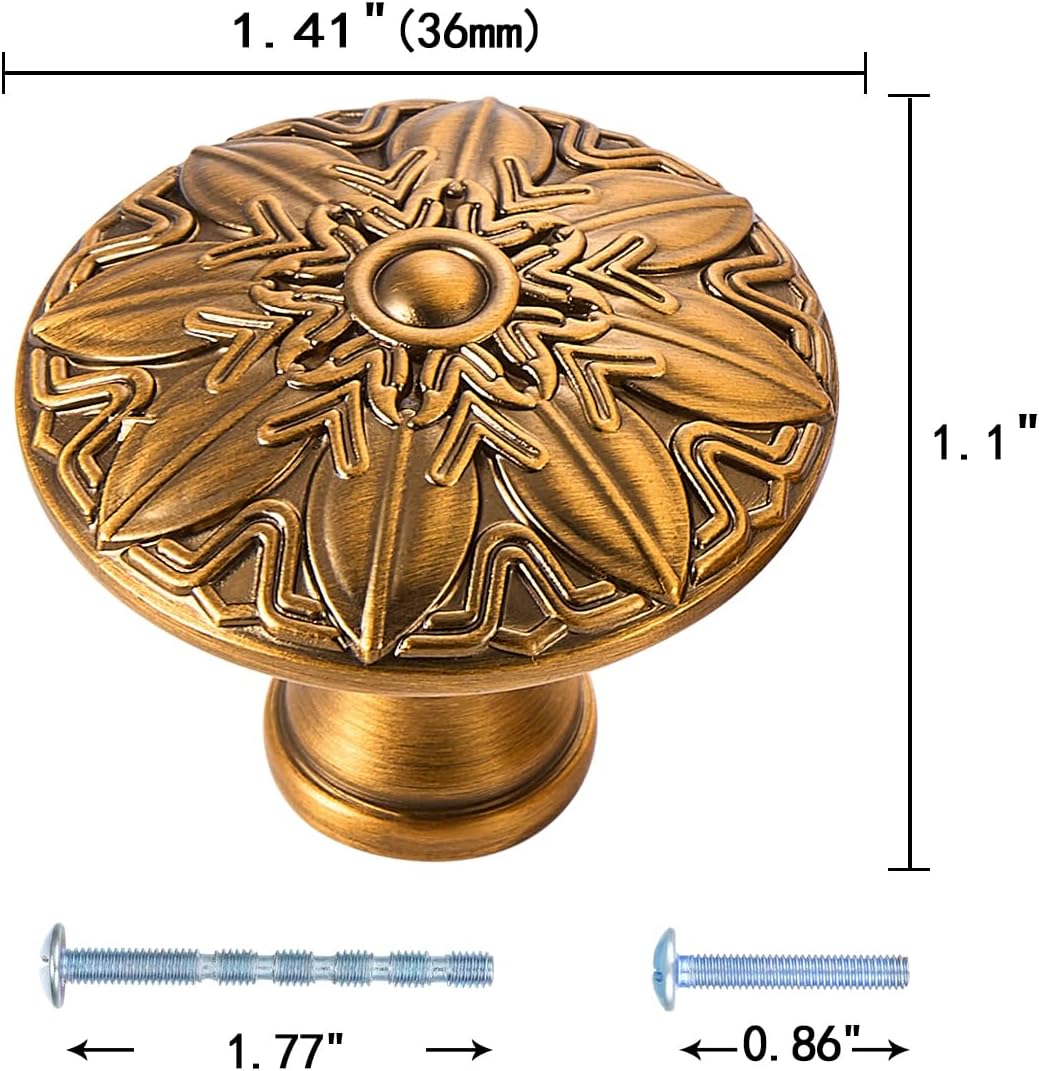 Round Drawer Pulls and Knobs - 10 Pack / 1.4 Inch(36mm), Antique Brass Cabinet Knobs, Urban Cabinet and Door Knobs for Kitchen, Bathroom, Bedroom Dresser