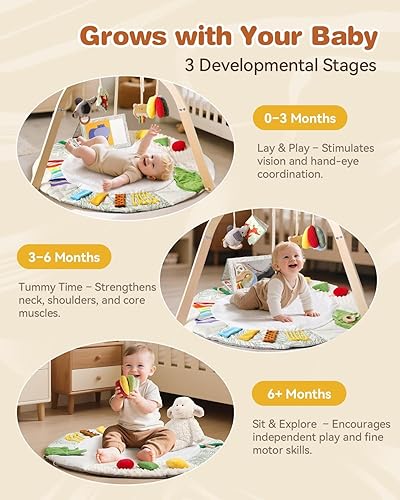 Miniatura 6 de Alfombra de juego de madera para el gimnasio y el tiempo boca abajo, tapete de actividad sensorial Montessori con 6 juguetes de desarrollo para