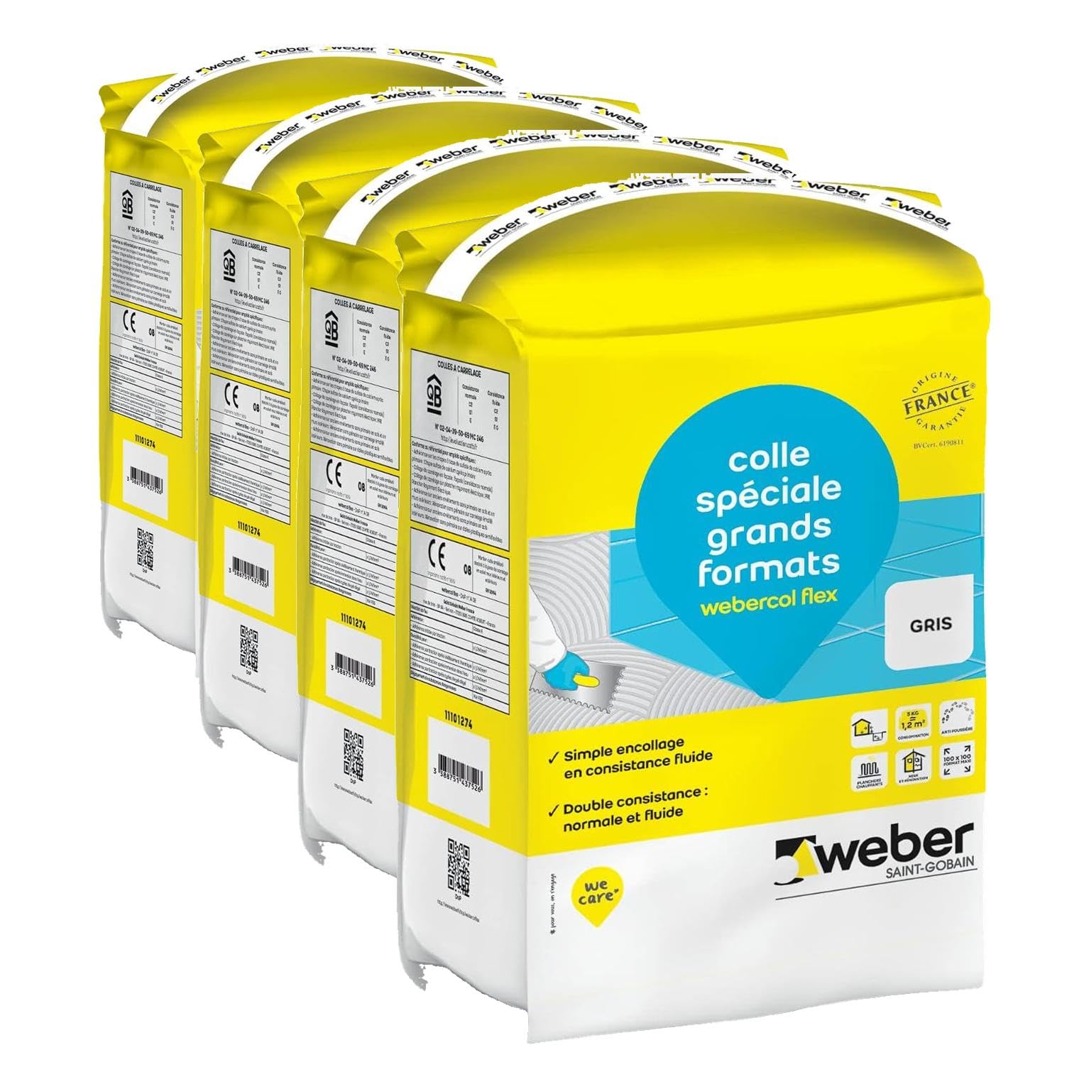 Weber Colle carrelage gris, 5kg, spéciale grands formats et planchers chauffants, Haut Rendement, WEBERCOL FLEX (Lot de 4)