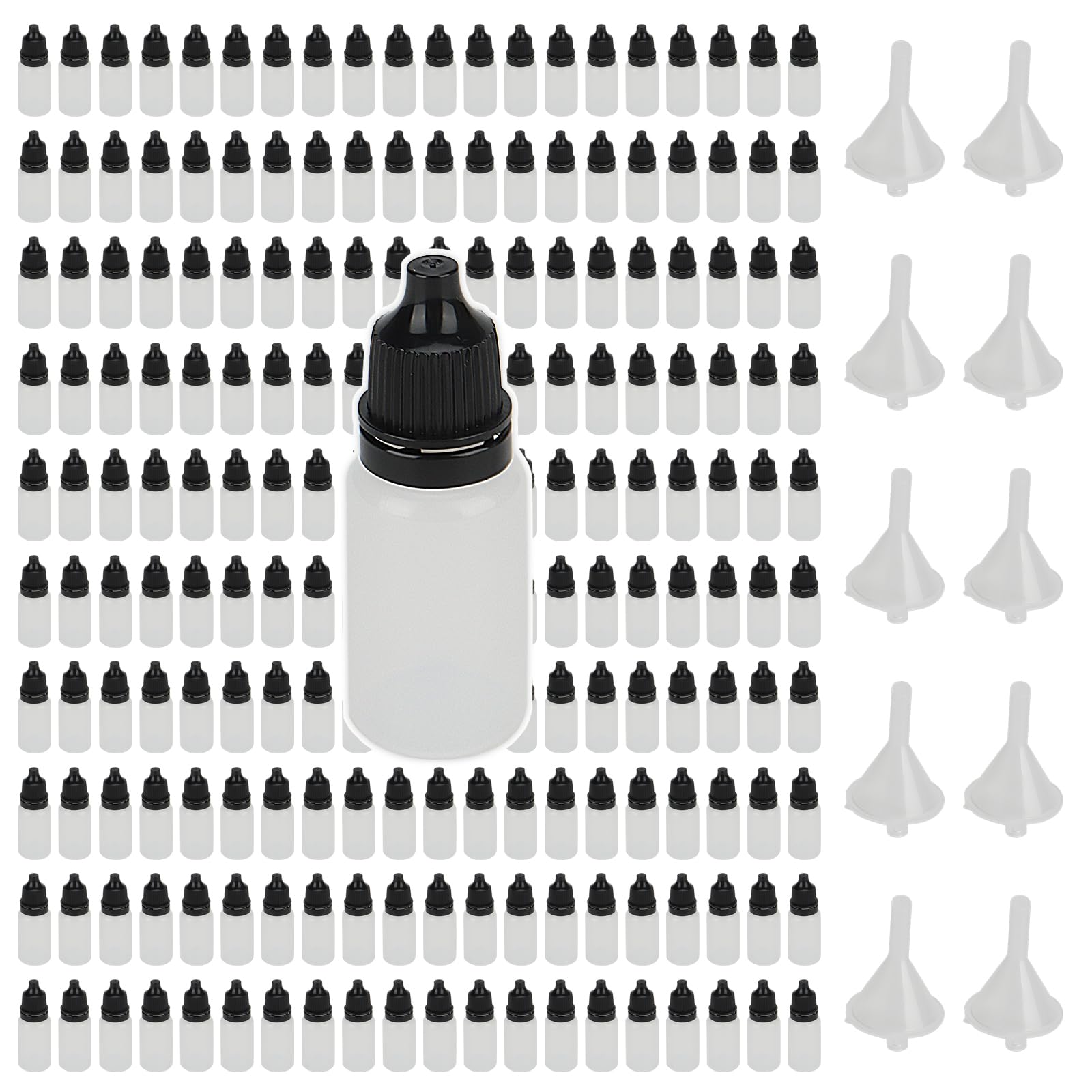 Keileoho Black 200 Pcs 10Ml Empty Dropper Bottles, Eye Empty Dropper With 10 Small Funnels, Squeezable Dropper Bottle For Paint, Essence
