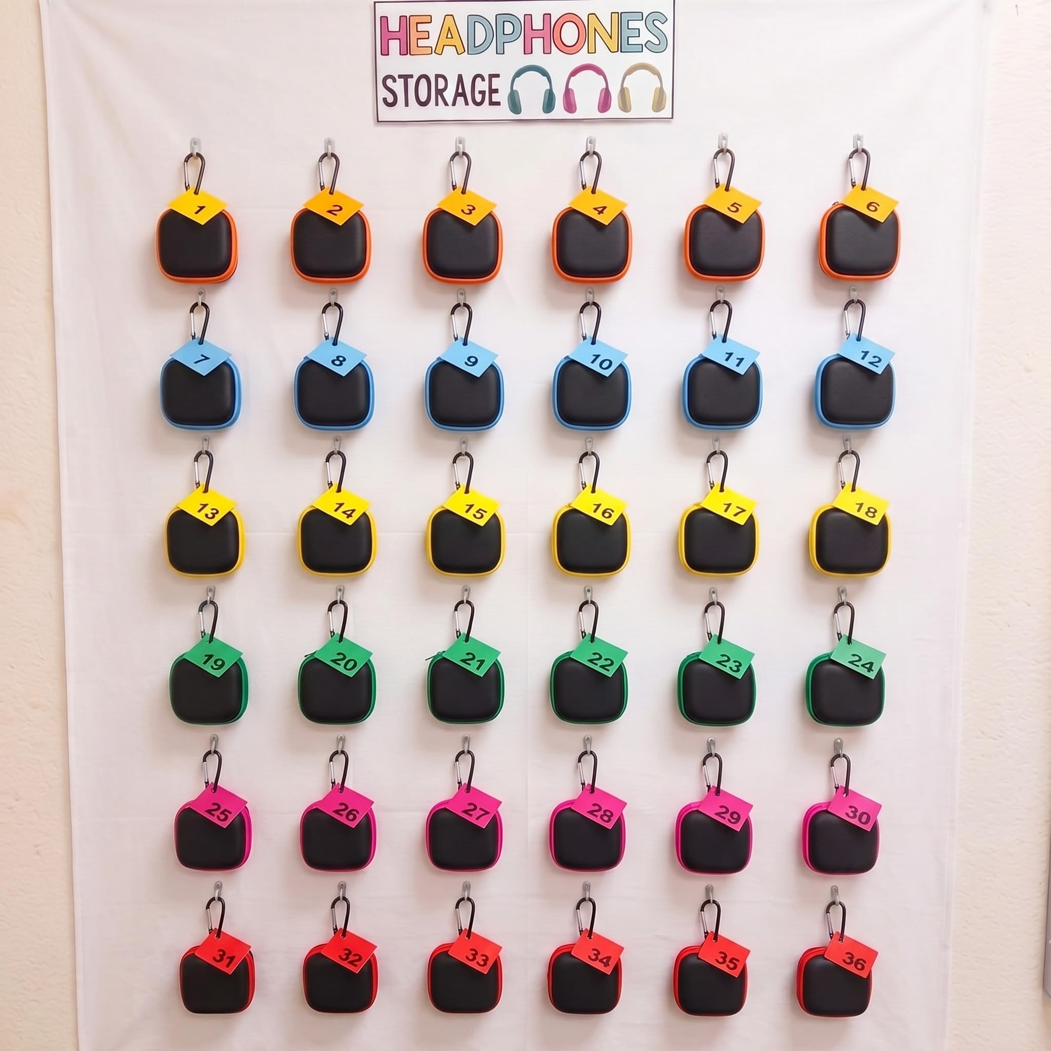 Kingdder 36 fundas para auriculares de regreso a clases con tarjetas de números coloridos, organizador de accesorios, soporte de auriculares de etilvinilacetato para escuela, aula, profesores