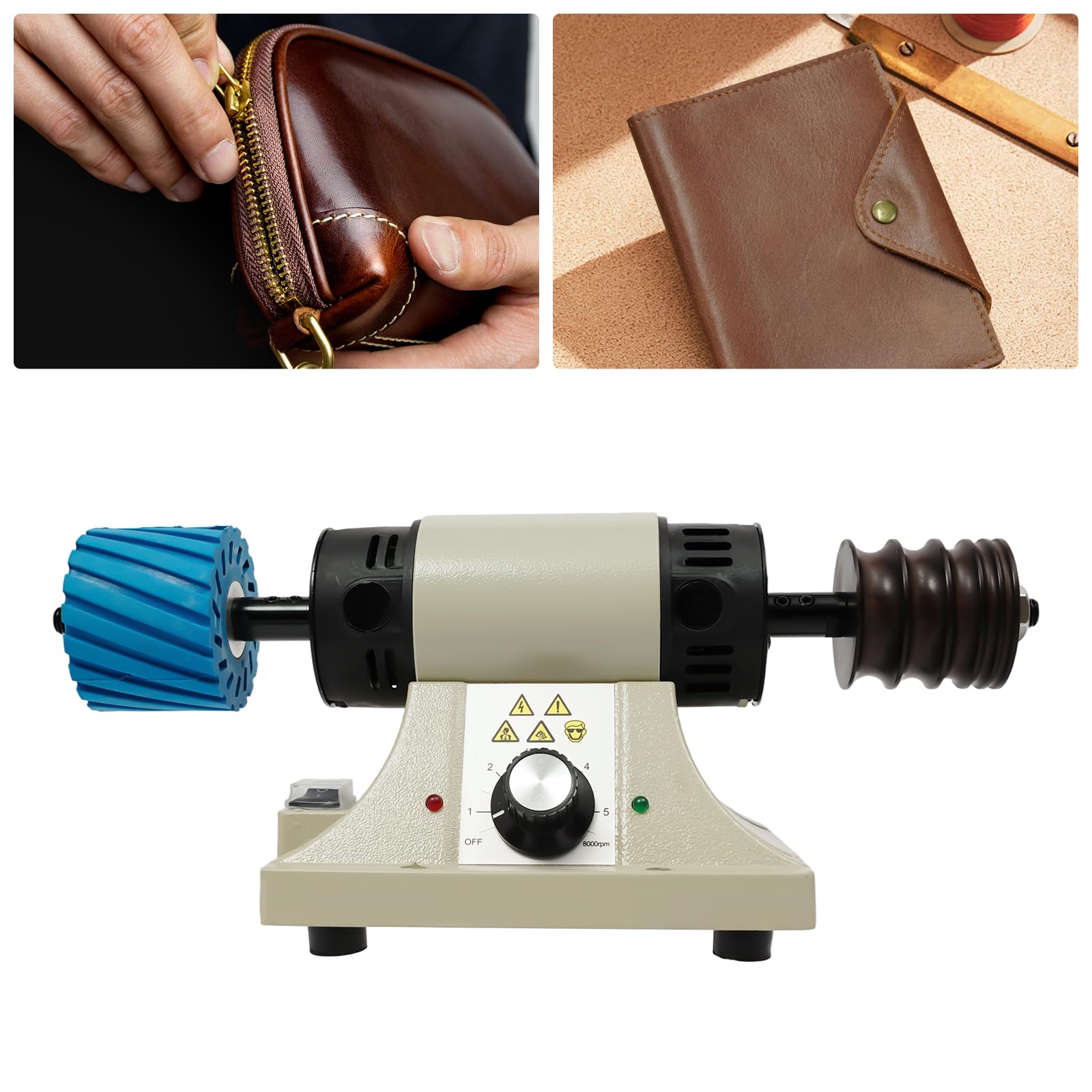 Pulidora De Cuero 350W 0-8000 Tr/Min, Lijadora De Bordes, Máquina De Pulido Y Marrón De Cuero Eléctrico, Con Rueda De Combustión De Madera, 6 Mangas De Lijado, Lijado Artículos De Cuero