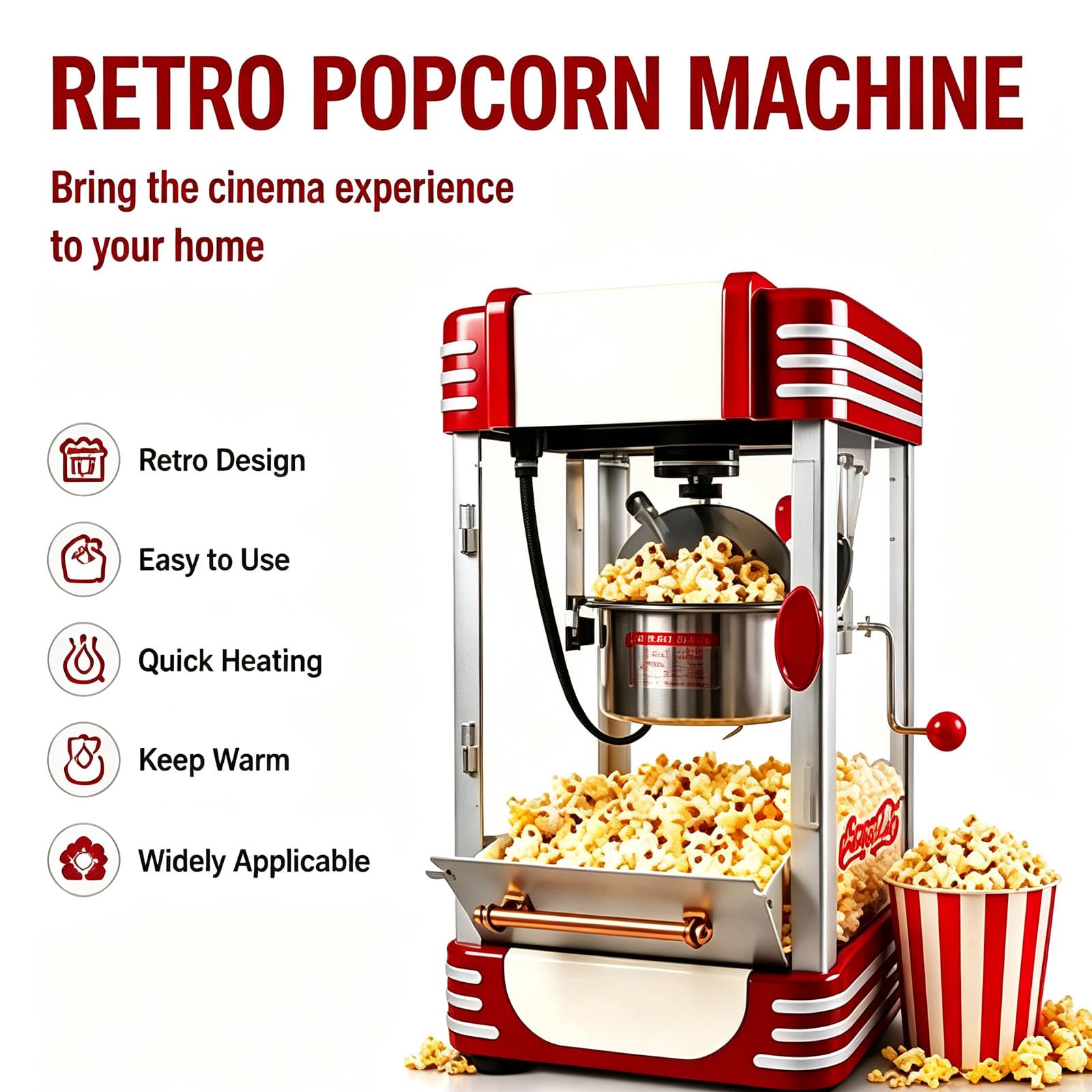 Maszyna do popcornu 310 W, ze stali nierdzewnej, z funkcją utrzymania ciepła i programatorem czasowym do szybkiego wytwarzania popcornu, idealna do barów z przekąskami, imprez domowych, kin i stoisk z