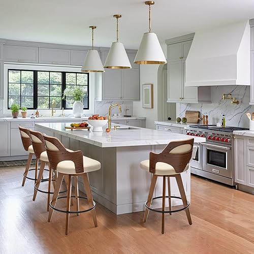 Miniatura 5 de Swivel Bar Stools Set of 2,Counter Height Bar Stools,Upholstered Bar Chair with Bamboo Legs,Low Back Counter Stools for Kitchen Island (Beige-Pu)