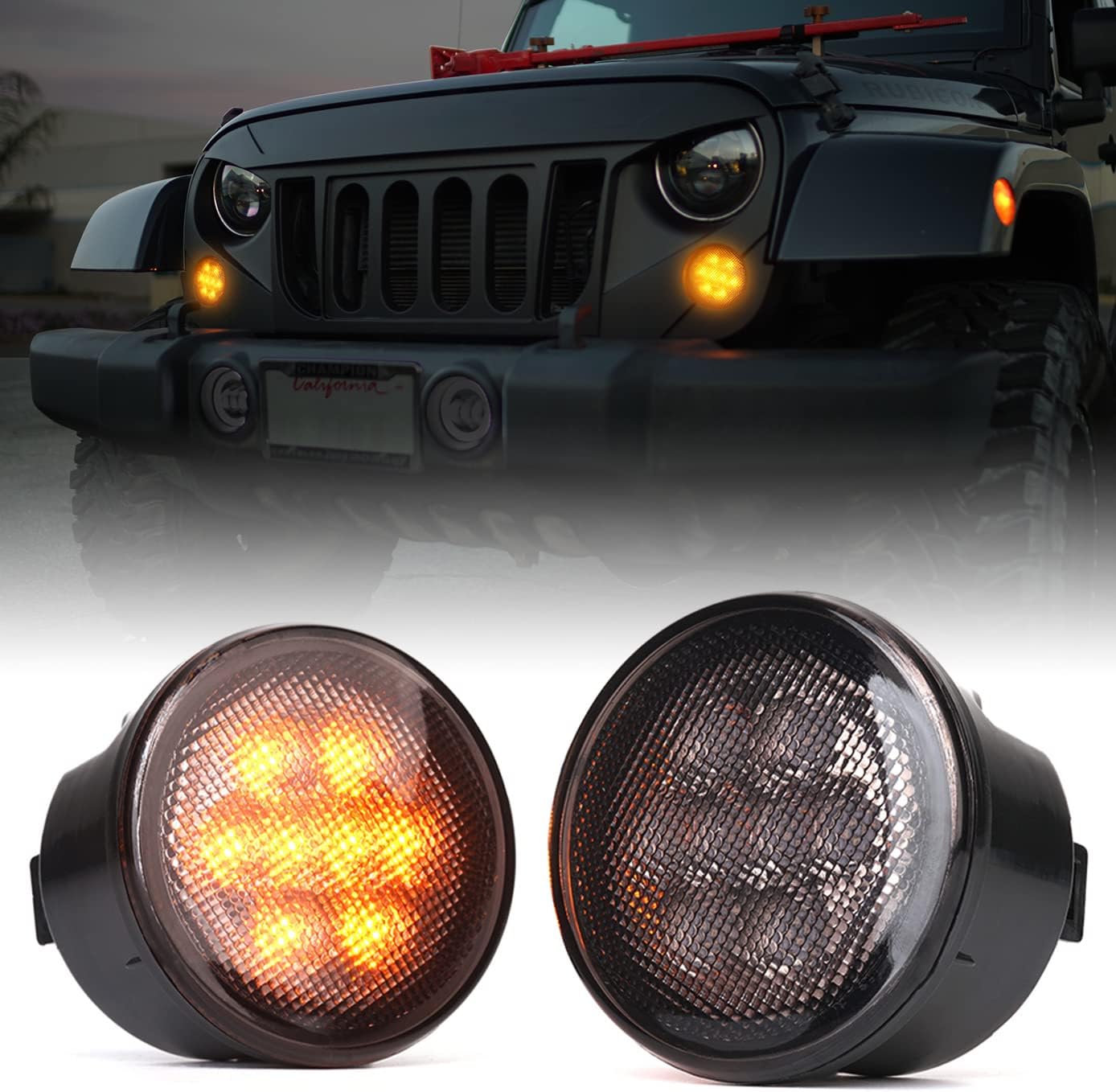 Xprite Amber Smoke Lens LED Turn Signal Lights Assembly with Parking Funtion Compatible with 2007-2018 Jeep Wrangler JK & Wrangler Unlimited