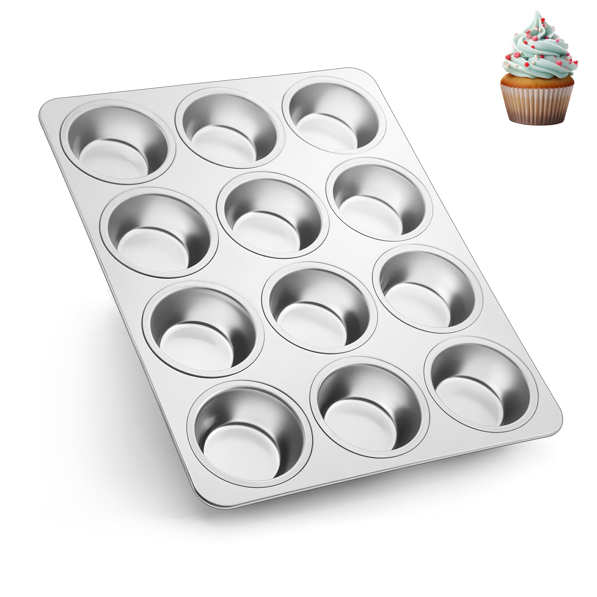 Herogo Muffin Tray, 12 Muffins Stainless Steel Muffin Tray, Metal Muffin Baking Mould for Cupcake, Yorkshire Pie, Pudding, Muffin Cake Mould for Easy to Clean, Dishwasher Safe, Non-Toxic, Silver