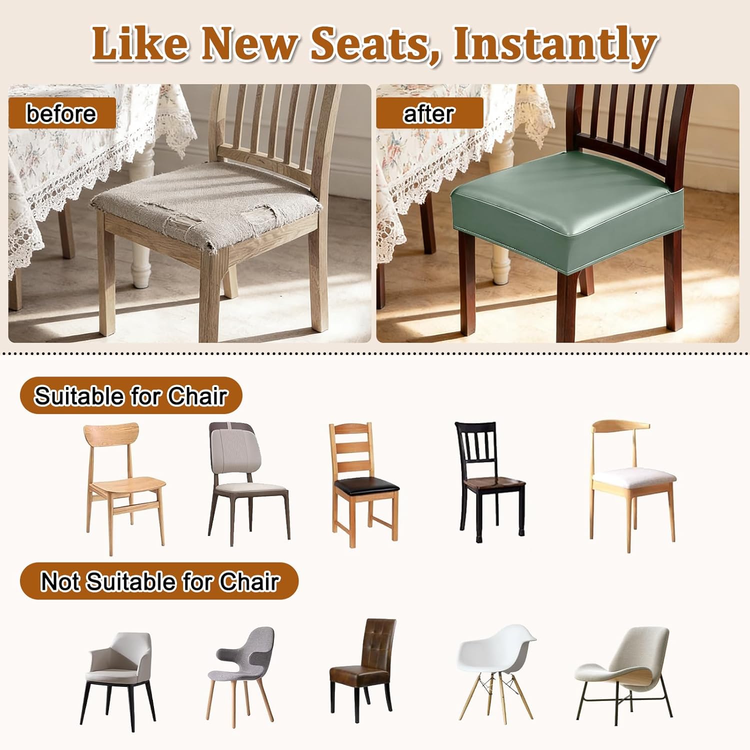 Dioxide Chair Covers Waterproof Pu Leather Seat Covers for Dining Room Chairs Set of 6,Soft Chairs Seat Slipcovers with Anti-Slip Elastic Band Protector Cover Stretch Kitchen Seat Covers(Green)