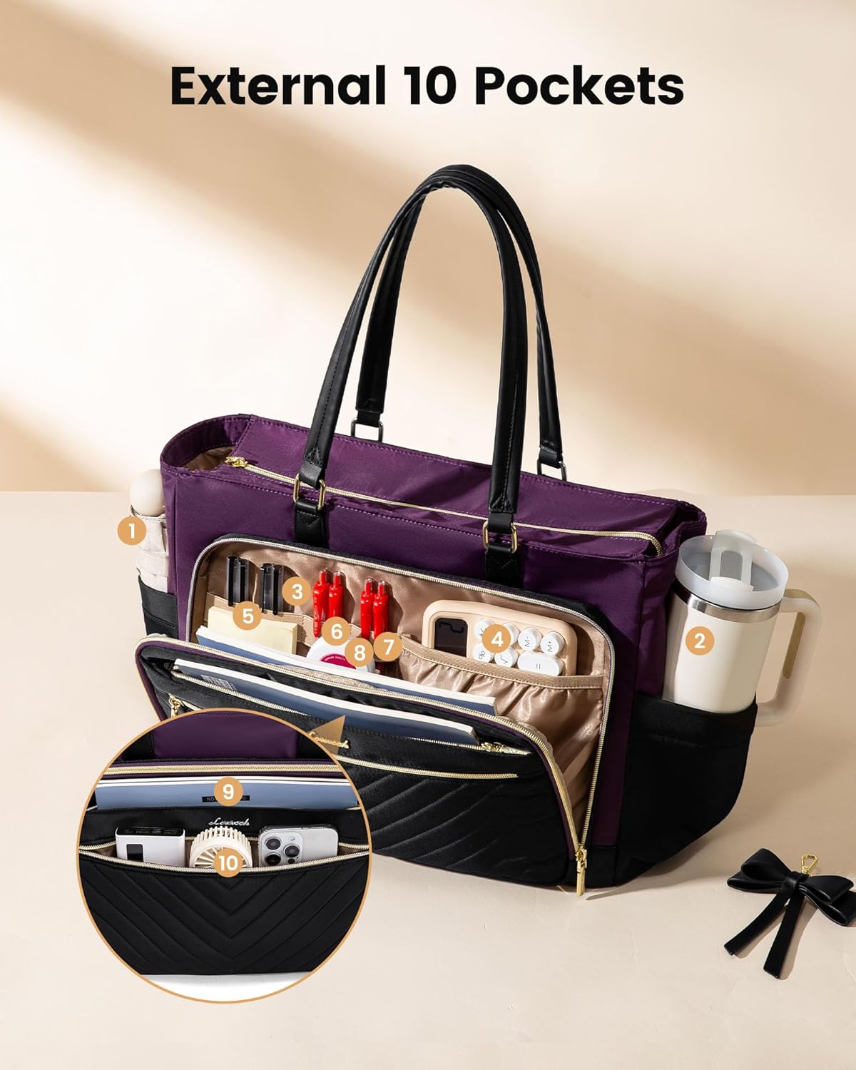 LOVEVOOK Lunch Tote Bag, Large Capacity Insulated Lunch Tote with Compartment, Computer Bag with Purse for Work, Nurse, Business, Black-Purple 15.6 Inch - Image 4