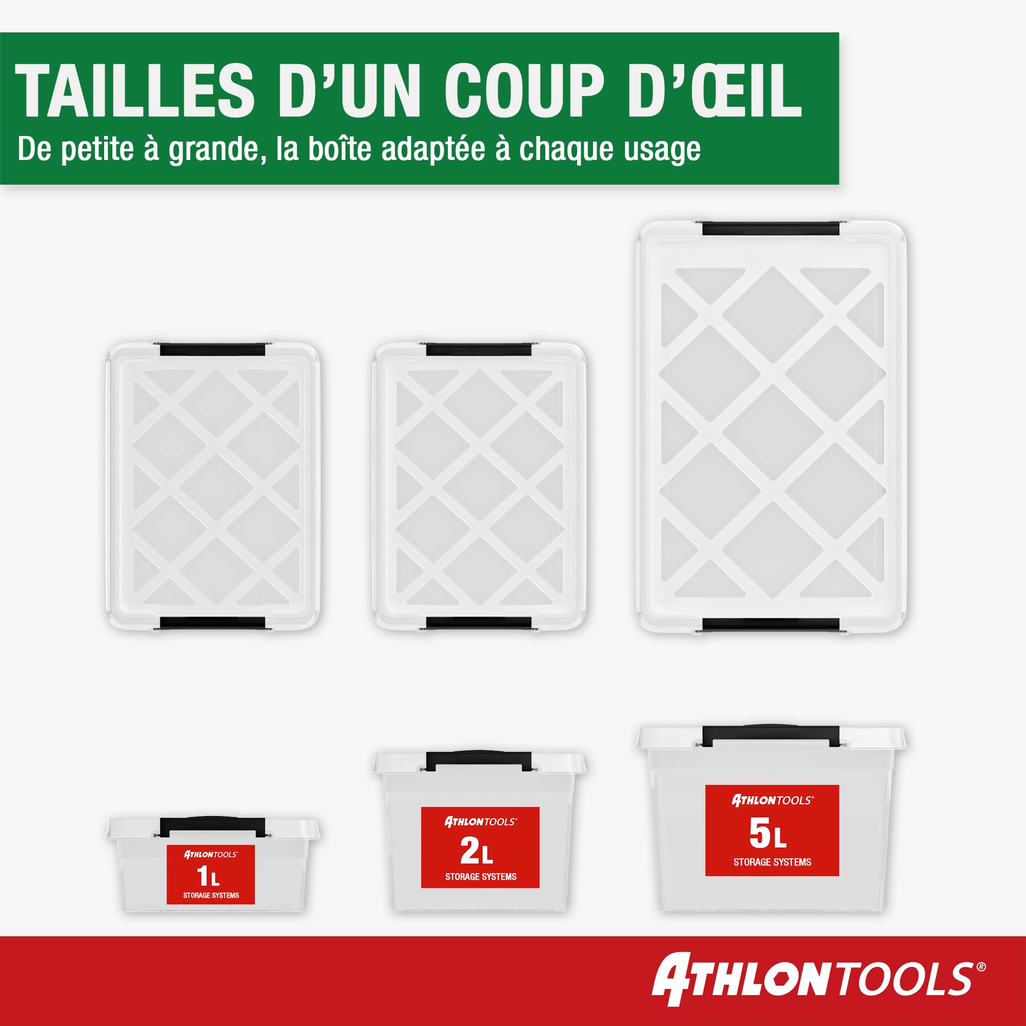 ATHLON TOOLS Lot de 10 boîtes de rangement de 5 L avec couvercle, petites, 100 % nouveau matériau, transparentes, sans BPA, conteneurs empilables, clips de verrouillage gris, pratiquement hermétiques