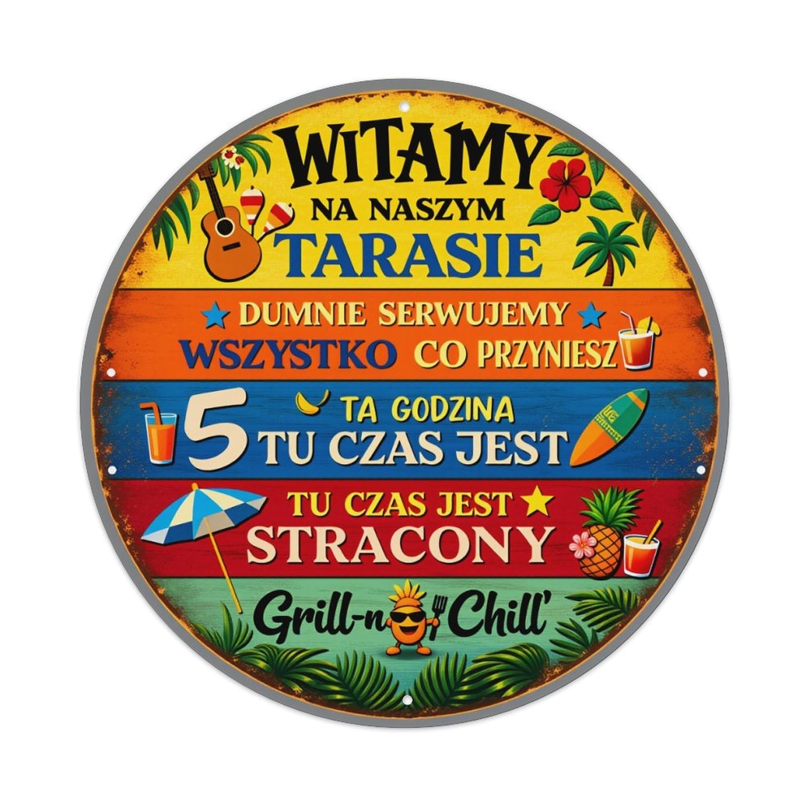 Welcome To Our Terrace Grill And Chill Vintage Metal Tin Sign Retro Wall Decor for Home Bar Garage Cafe, Indoor & Outdoor Decorative，circle Metal Poster, 8x8 Inch