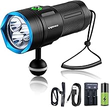 DVF06 Professional Scuba Diving Flashlight,6000 Lumens Underwater Video Light,5 Modes,Power Indicator,IP68 Waterproof,with Dual-Slot Charger,Super Bright Diving Light3 Battery Included