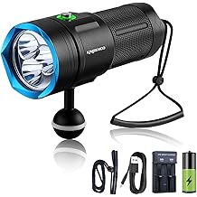 DVF06 Professional Scuba Diving Flashlight,6000 Lumens Underwater Video Light,5 Modes,Power Indicator,IP68 Waterproof,with Dual-Slot Charger,Super Bright Diving Light3 Battery Included