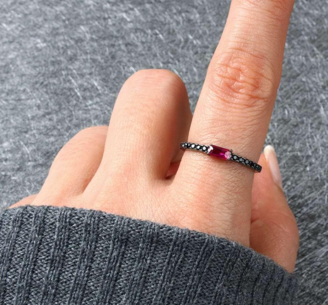 Baguette Gemstone Birthstone Ring - Ruby, Emerald, and More - Pave Setting Half Eternity Band - Wedding, Engagement, Promise, Birthstone Ring for Women