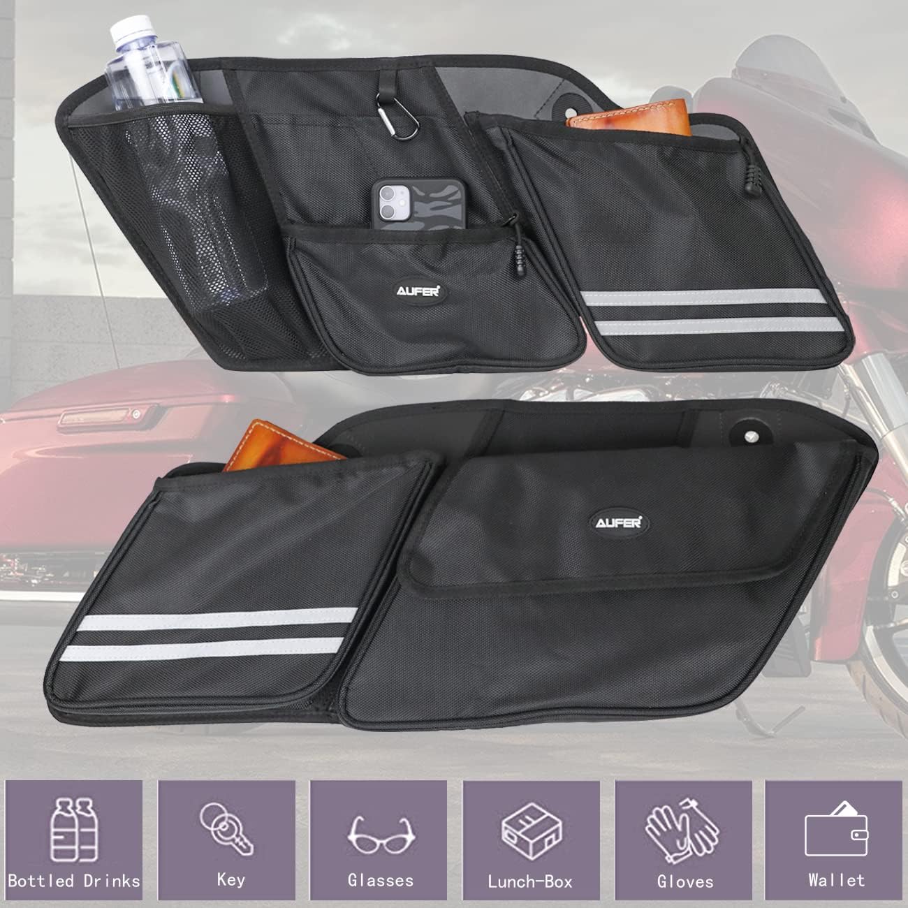 AUFER 2PCS Hard Saddlebag Side Organizer Bag Compatible With For 2014-2024 Harley Touring Street Glide Road King Road Glide Electra Glide Saddle Bag Organizers Storage bag(L+R Side)