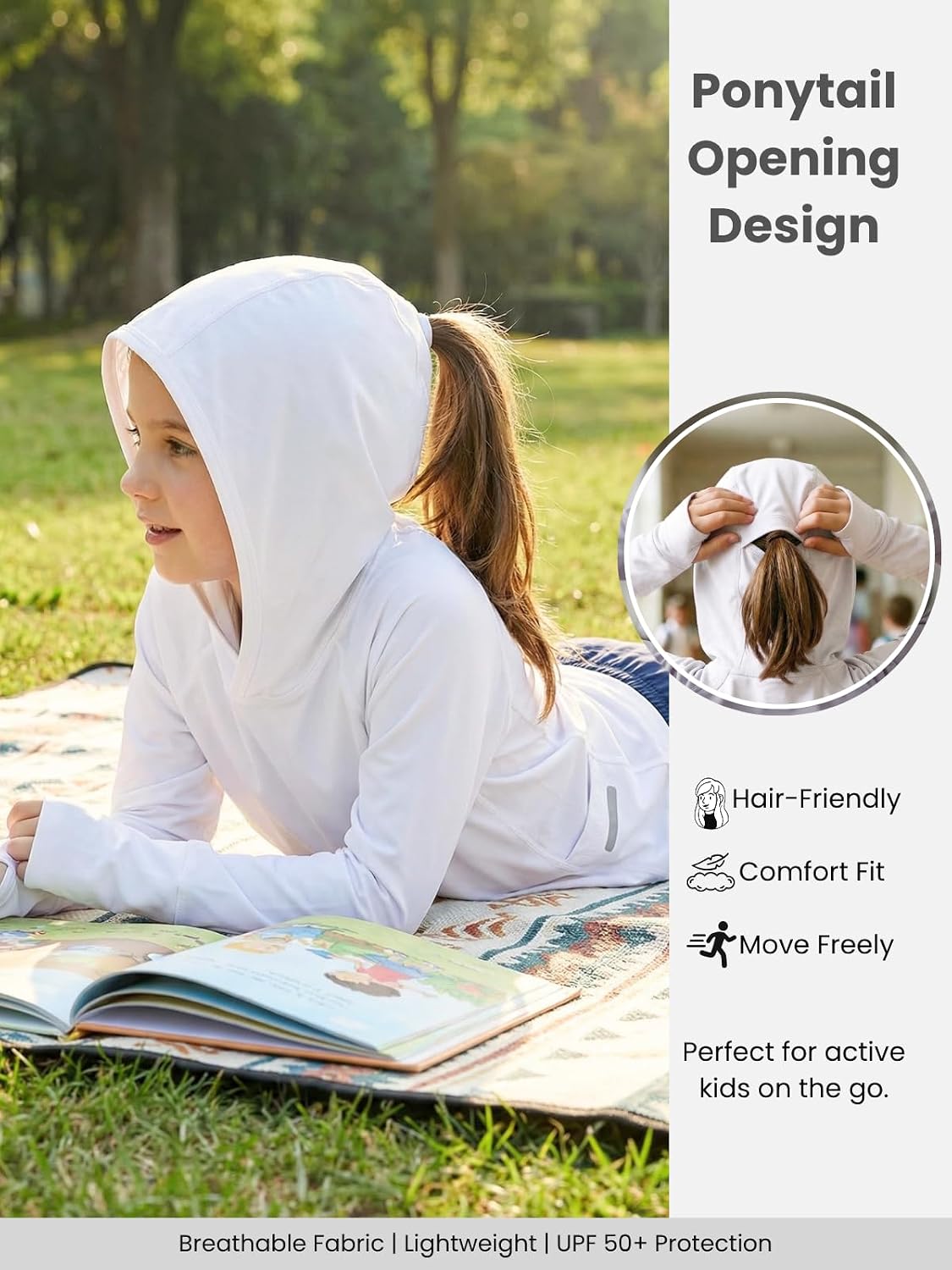 Girls Sun Protection Hoodie UPF 50+ Kids Toddlers Lightweight Cooling Shirts with Ponytail Hole, Thumb Holes & Pockets