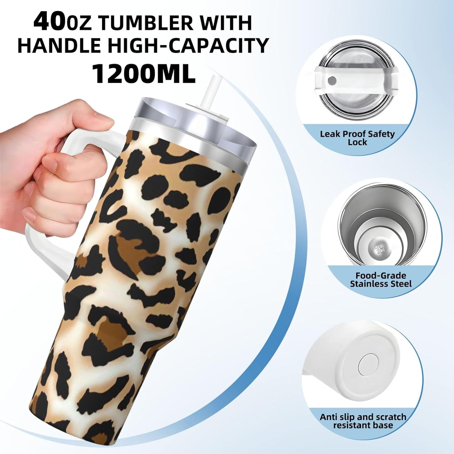 40 OZ Leopard Print Ice Bully Cup with Handle Straw Lid Straw,Stainless Steel Tumbler Coffee Cup