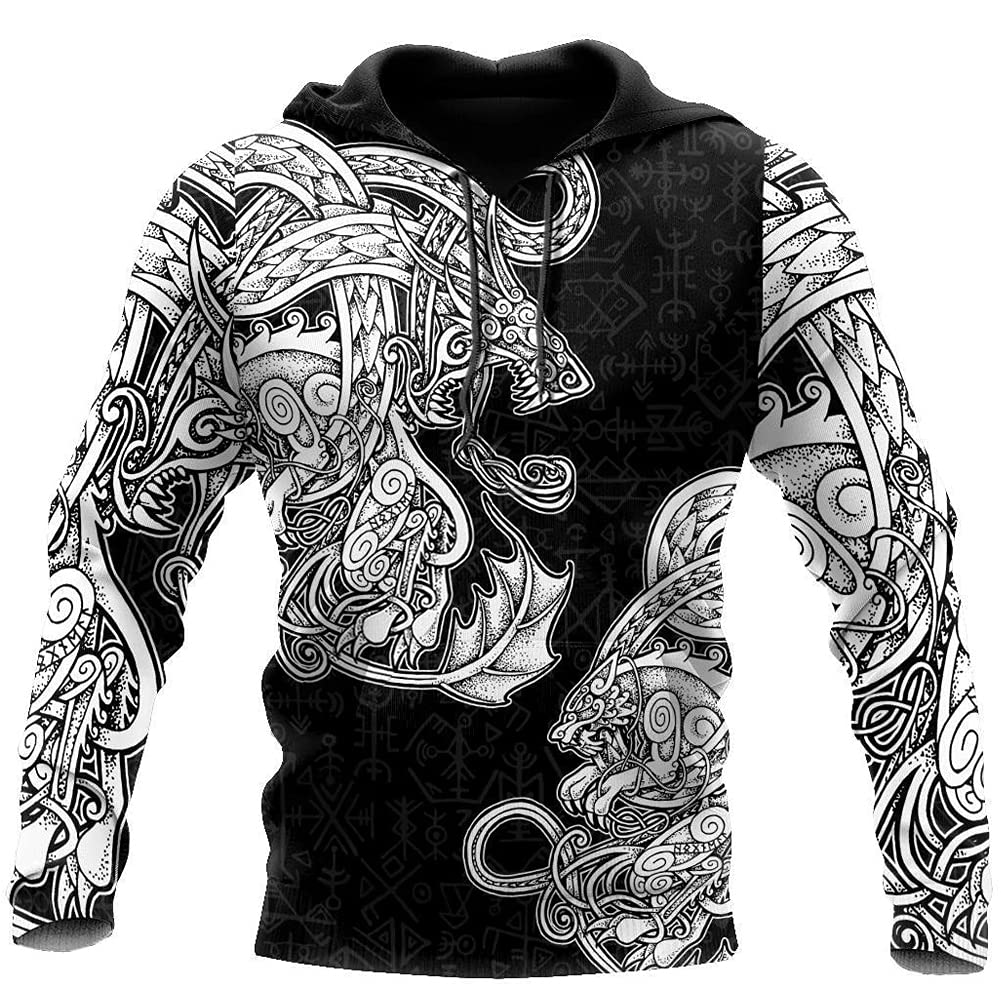 Biezutu3D Viking Fenrir Wolf Tattoo Hoodie for Men, Nordic Mythology Graffiti Long Sleeve Sweatshirt Fashion Print Pullover Casual Jacket