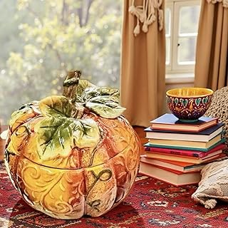 Decorative Ceramic Pumpkin Jar with Lid, 7.36W x 7.48H inches, Orange Glazed Storage Container for Candy and Snacks