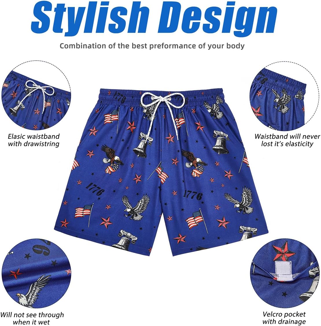 Century Star Mens American Flag Swim Trunks Patriotic Eagle Print Beach Shorts for 4th of July Pool Vacation