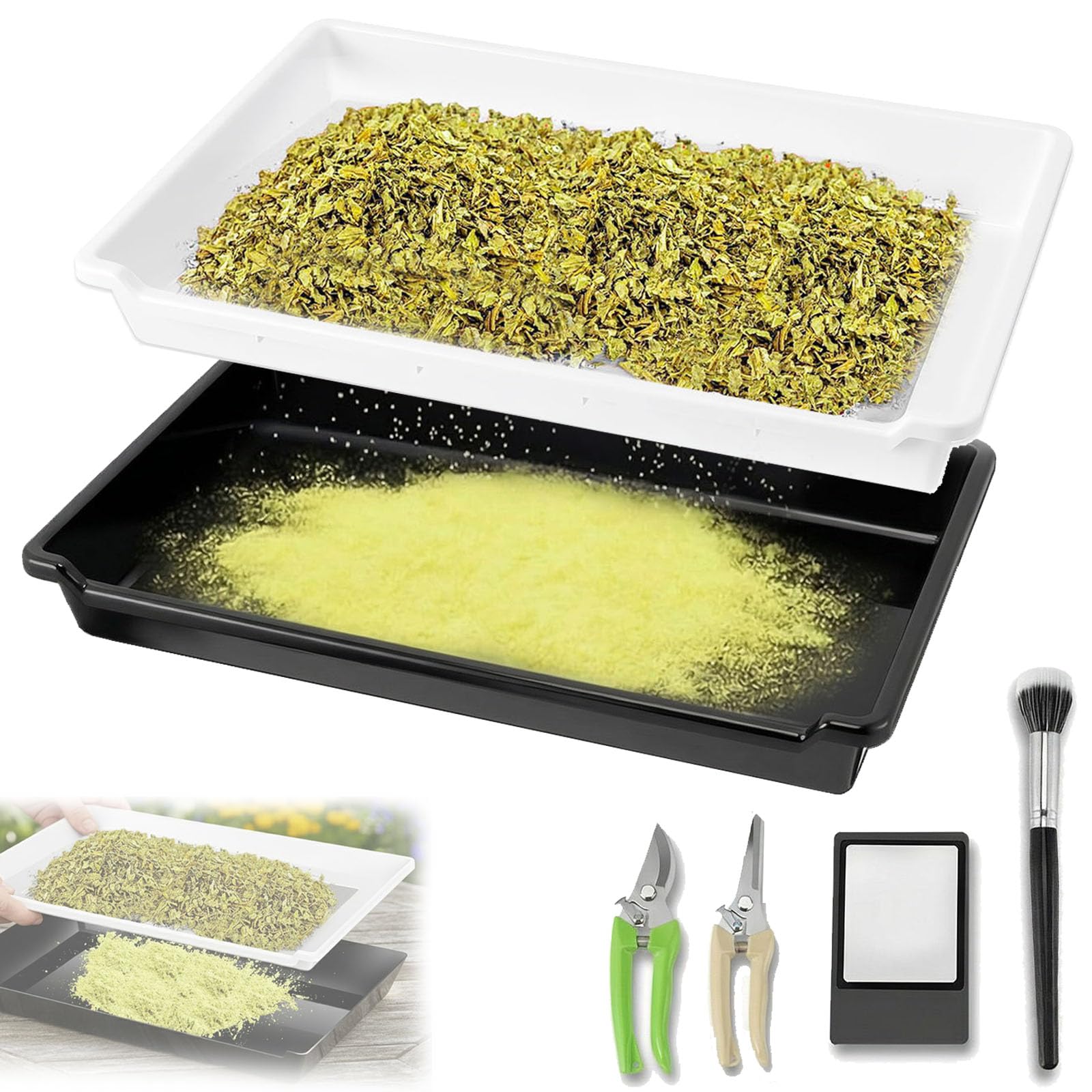 Kit Bandeja Para Recortes, Contenedor Para Bandejas Recortes Juego Tamiz Para Polen Y Hierbas Juego Tamiz Seco Para Plantas Hierbas Flores Tamiz Malla Fina 150 Micras Con 2 Tijeras Y Cepillo Lupa