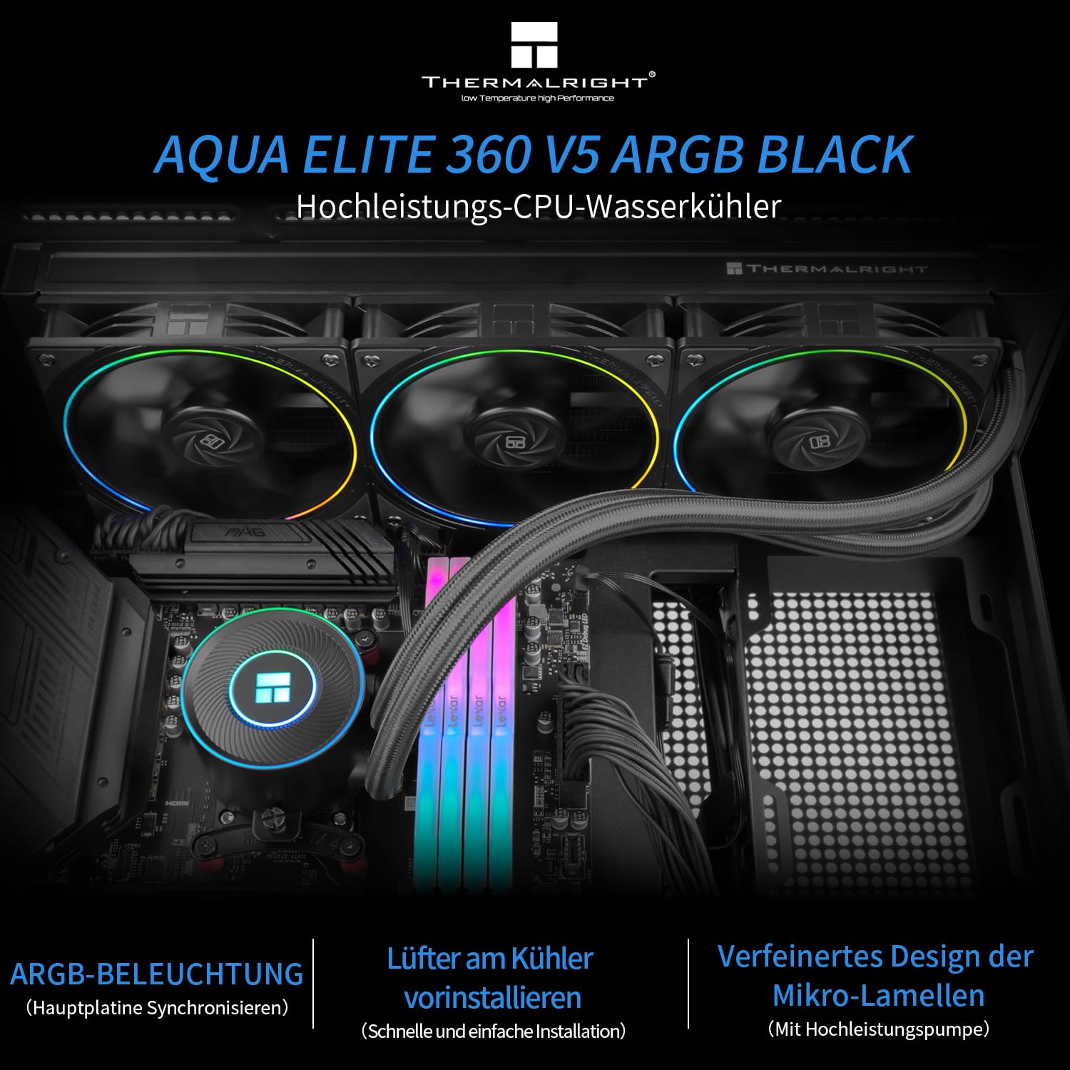 TR Aqua Elite 360 V5 ARGB - Raffreddatore liquido per CPU AIO, 360 mm, 3 ventole PWM, effetto di illuminazione ARGB ad anello sottile, per AM4/AM5, Intel LGA1851/1700/115x, colore nero