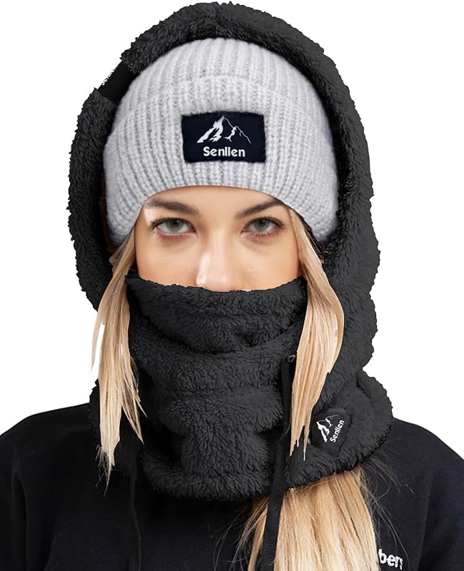 Senllen Balaclava Cold Weather Fleece Ski Mask Winter Thermal Sherpa Hood | Fuzzy Hat,Plush Neck Warmer,Breathable Skiing Face Mask,Windproof Cycling Scarf,Ski Hood over Helmet,Unisex,One Size fits All