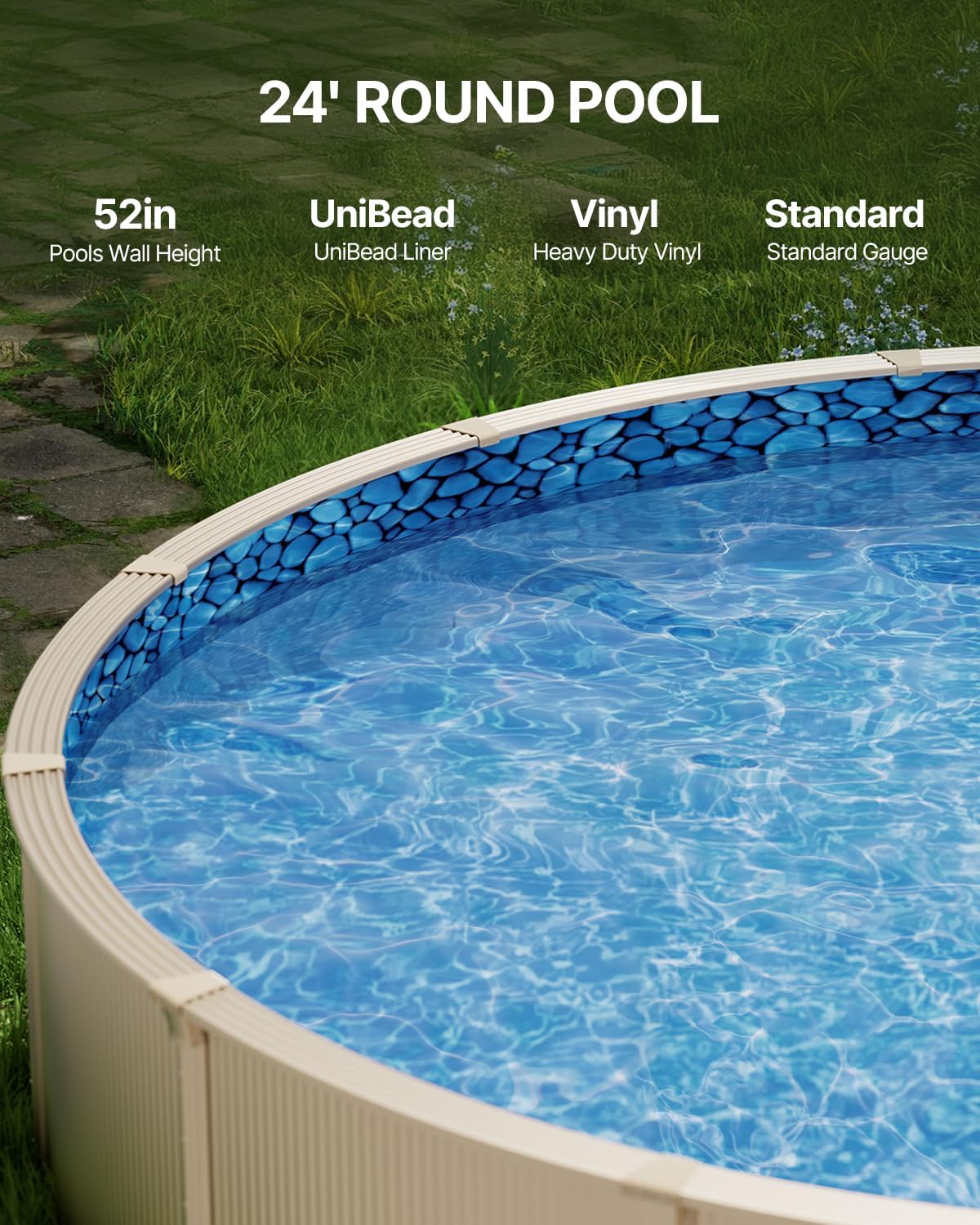 vevor 24-ft round above ground pool liner, unibead pool liners, standard gauge, 52inch wall height, designed for steel sided above-ground swimming pools 24ft round