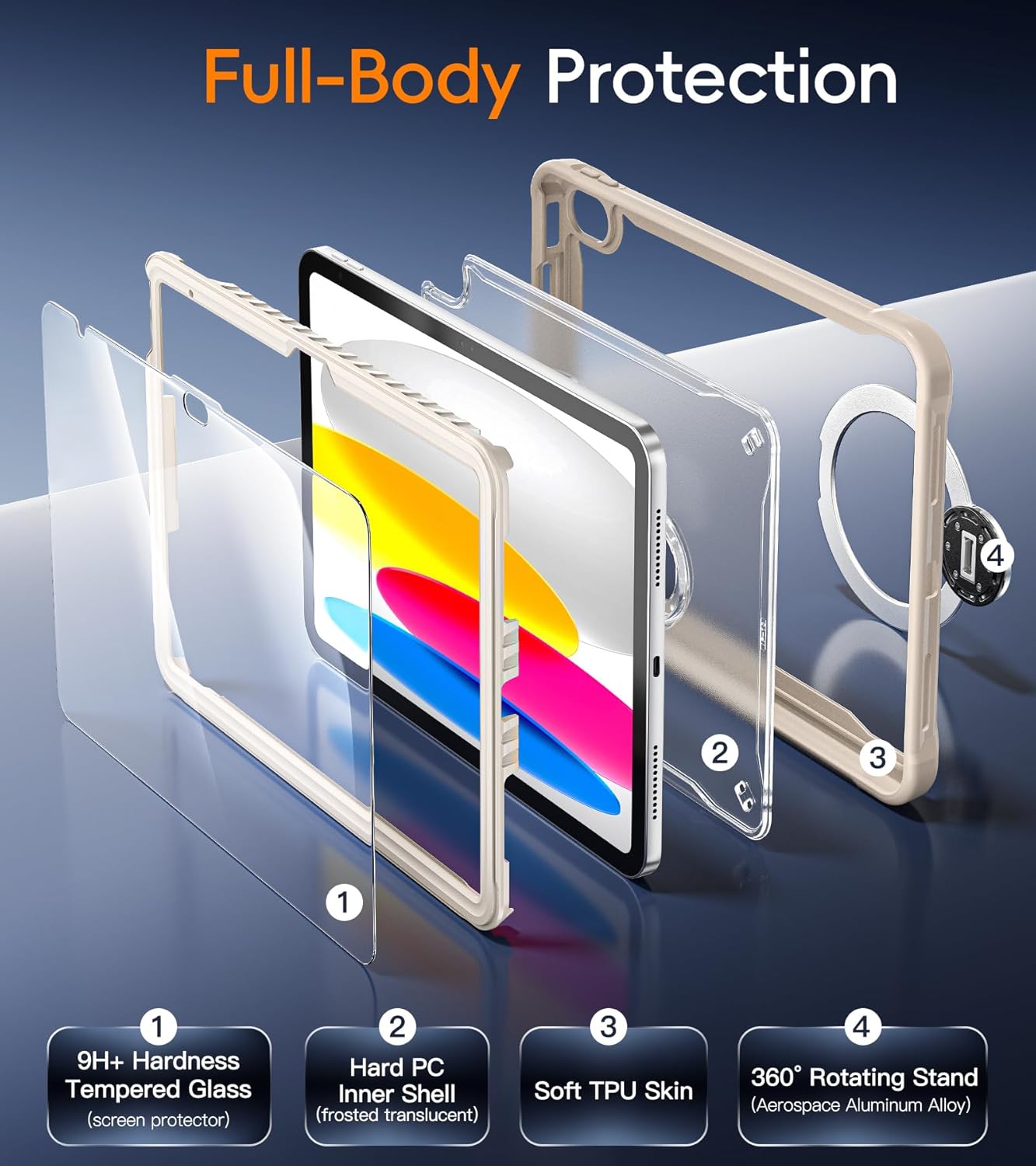 BATYUE Case for iPad (A16) 11th/10th Gen 11/10.9 inch - Built-in Tempered Glass Screen Protector, 360° Rotating Stand with Detachable Shoulder Strap & Kickstand Handle, Slim Rugged Shockproof Cover