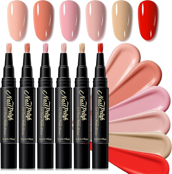 6PCS Nagellack Schnelltrocknend - Nagellackstift Schnelltrocknend Wasserbasis Nude Rot Rosa - Nail Arts Pen Ohne UV Lampe - 1